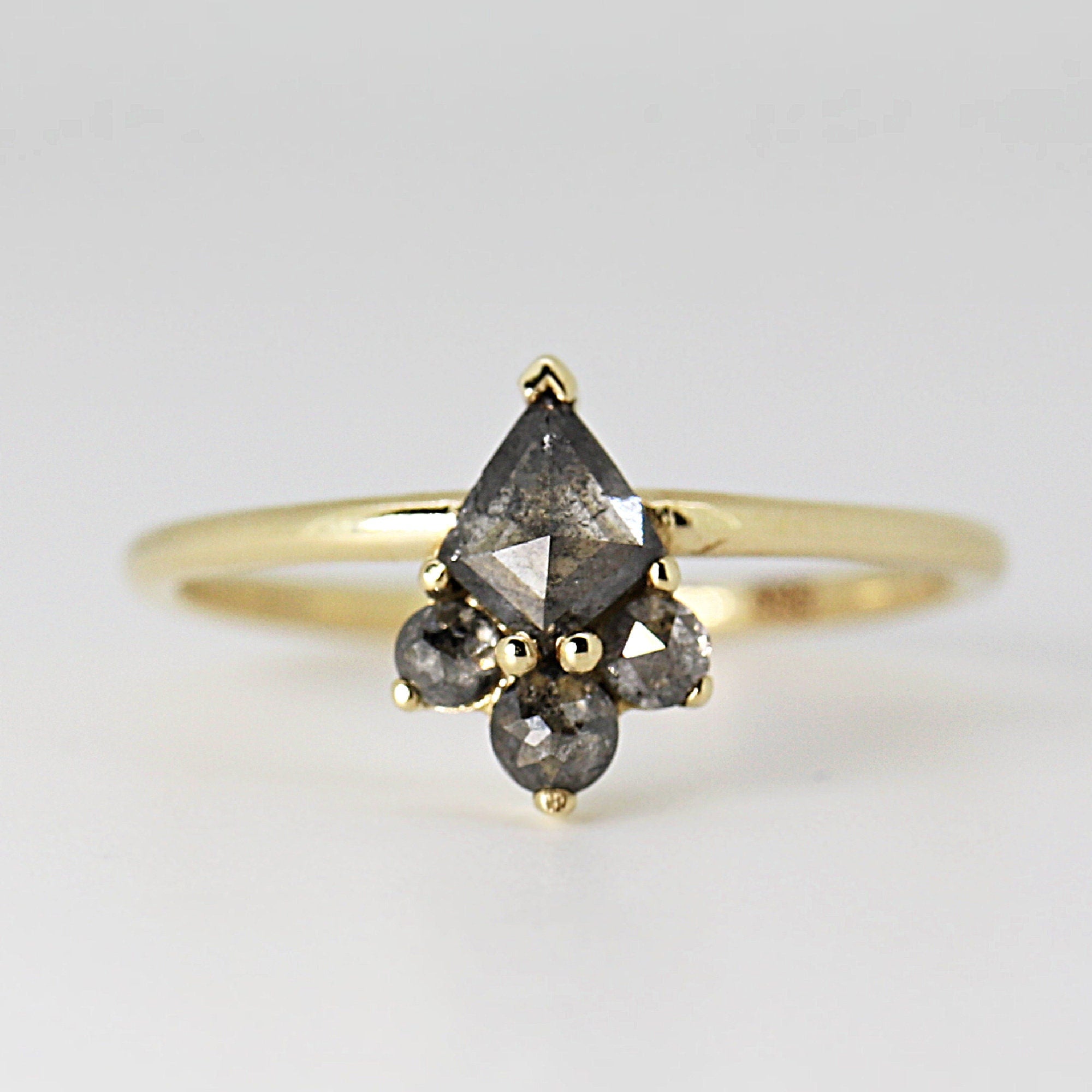 Kite Rose Cut Salt and Pepper Diamond Ring in 14k Yellow Gold