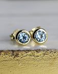 14k Gold Bezel Set Aquamarine Stud Earrings