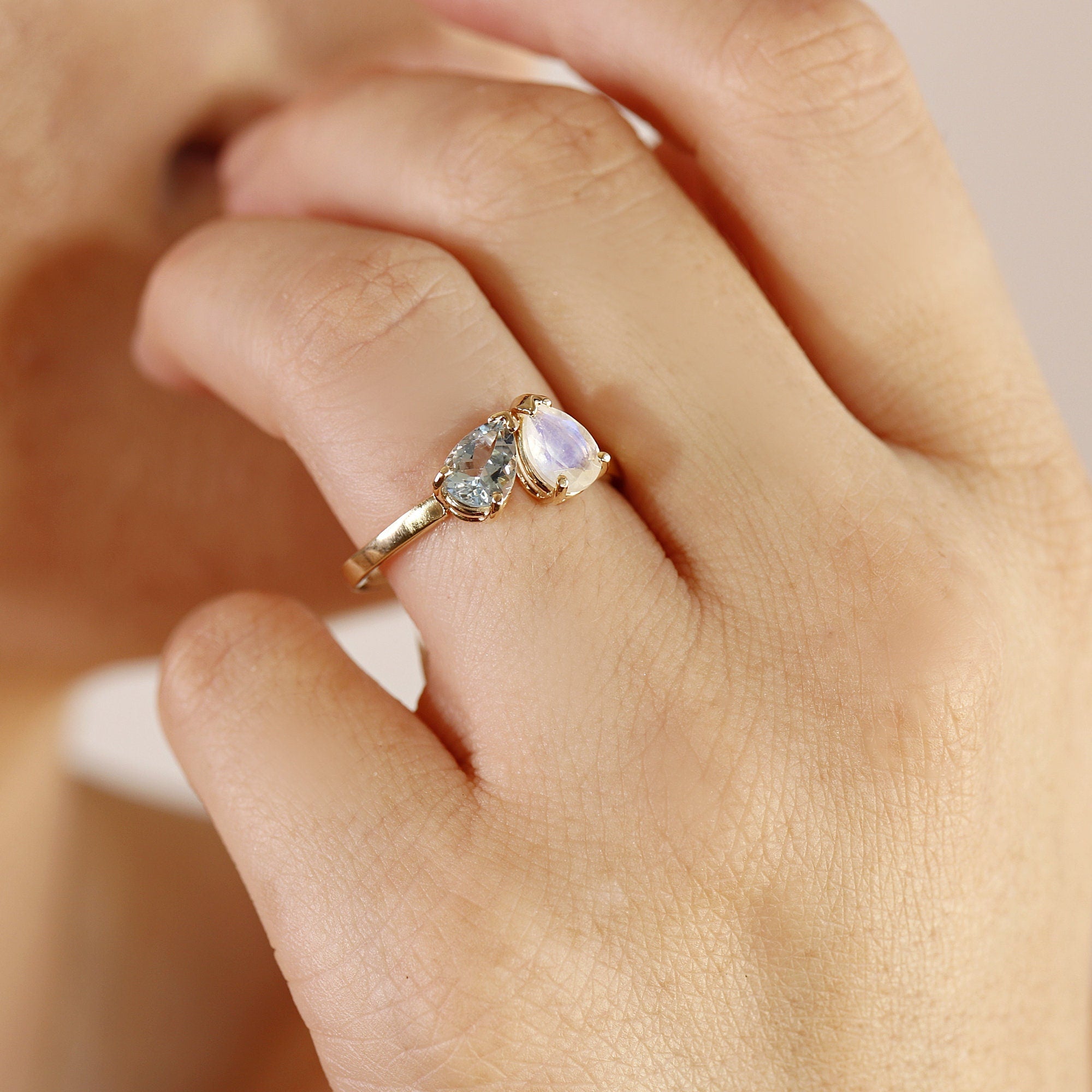 Toi et Moi Ring 14k Gold, Moonstone & Aquamarine Engagement Ring, You and Me Ring