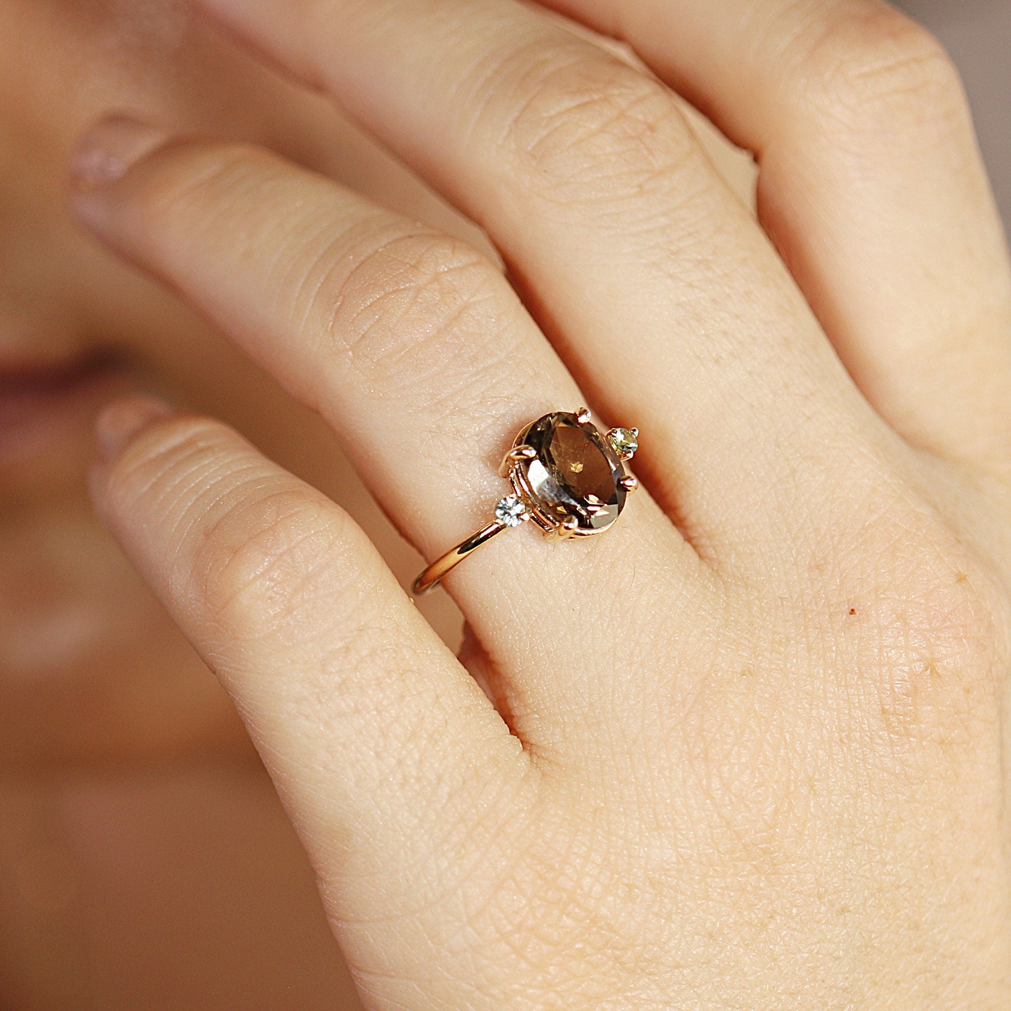 14k Gold Diamond and Oval Smokey Quartz Ring