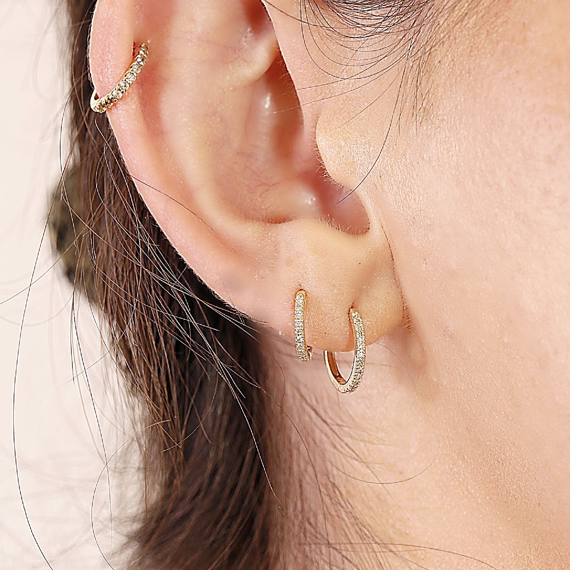 14k Solid Gold Diamond Huggie Hoops