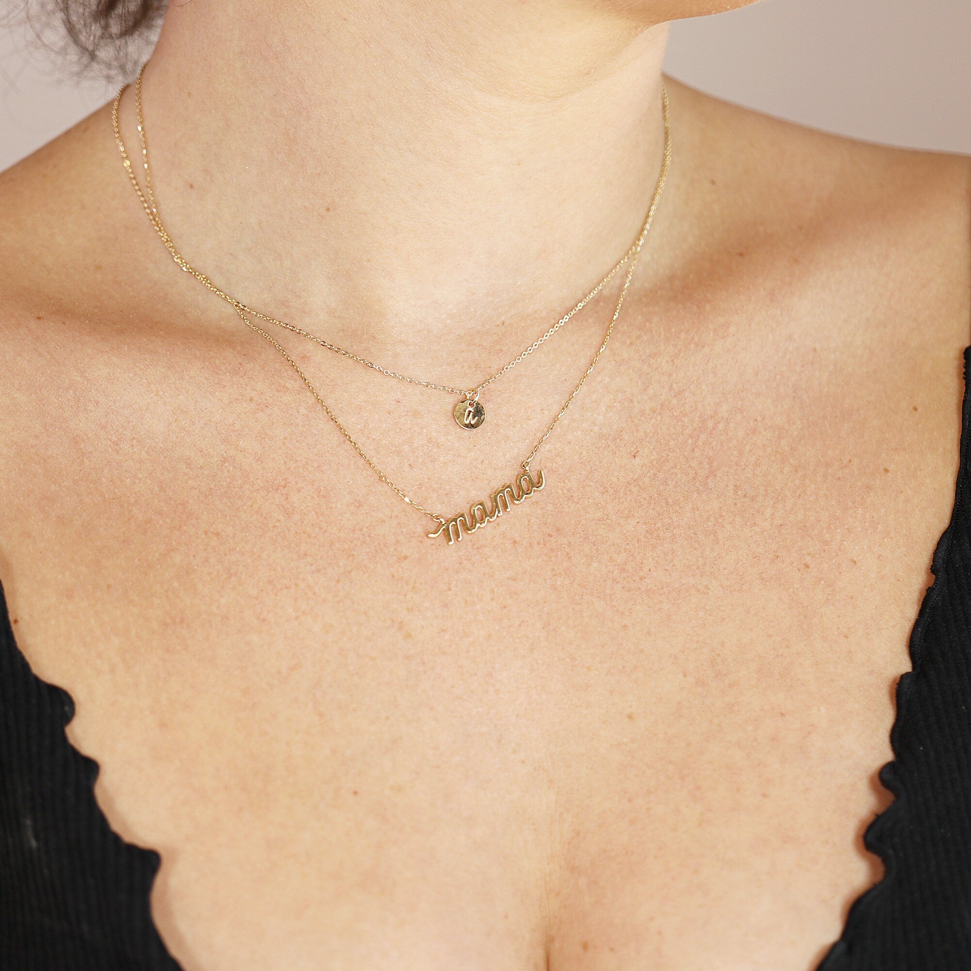 Tiny 14k Solid Gold Dainty Initial Necklace - Hand Stamped