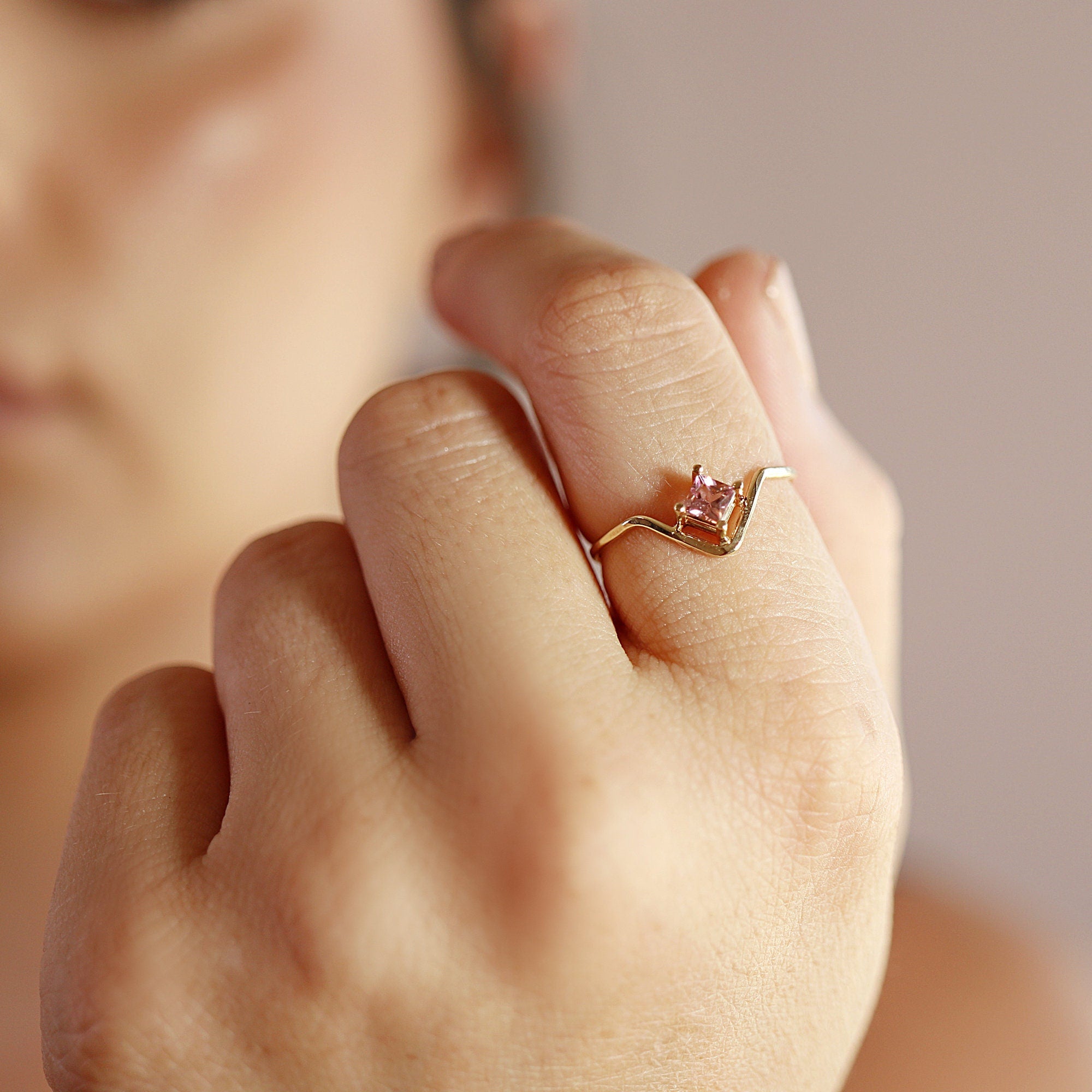 Princess Tourmaline Ring, V Ring w Gemstone Pink Tourmaline Ring 14k Gold
