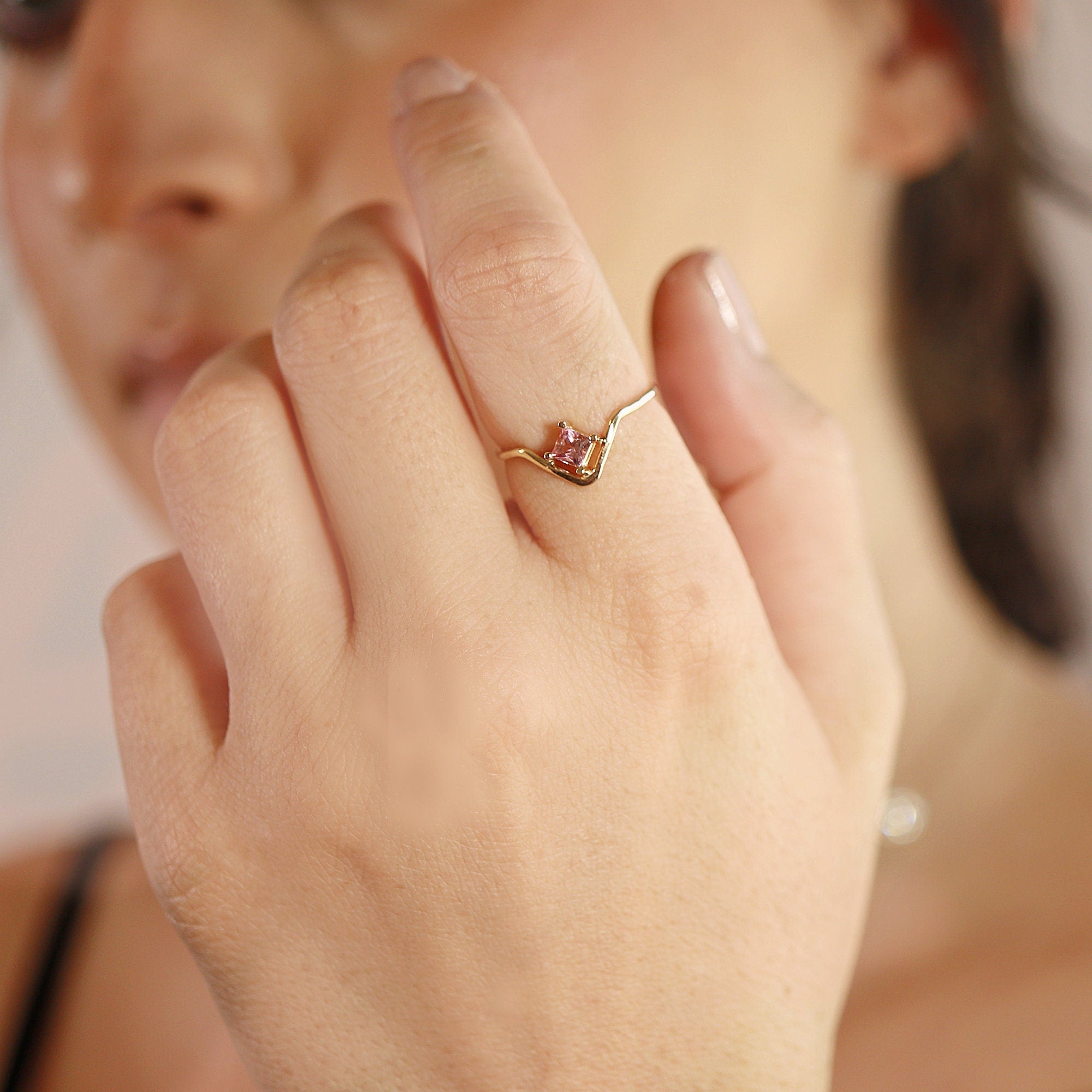 Princess Tourmaline Ring, V Ring w Gemstone Pink Tourmaline Ring 14k Gold