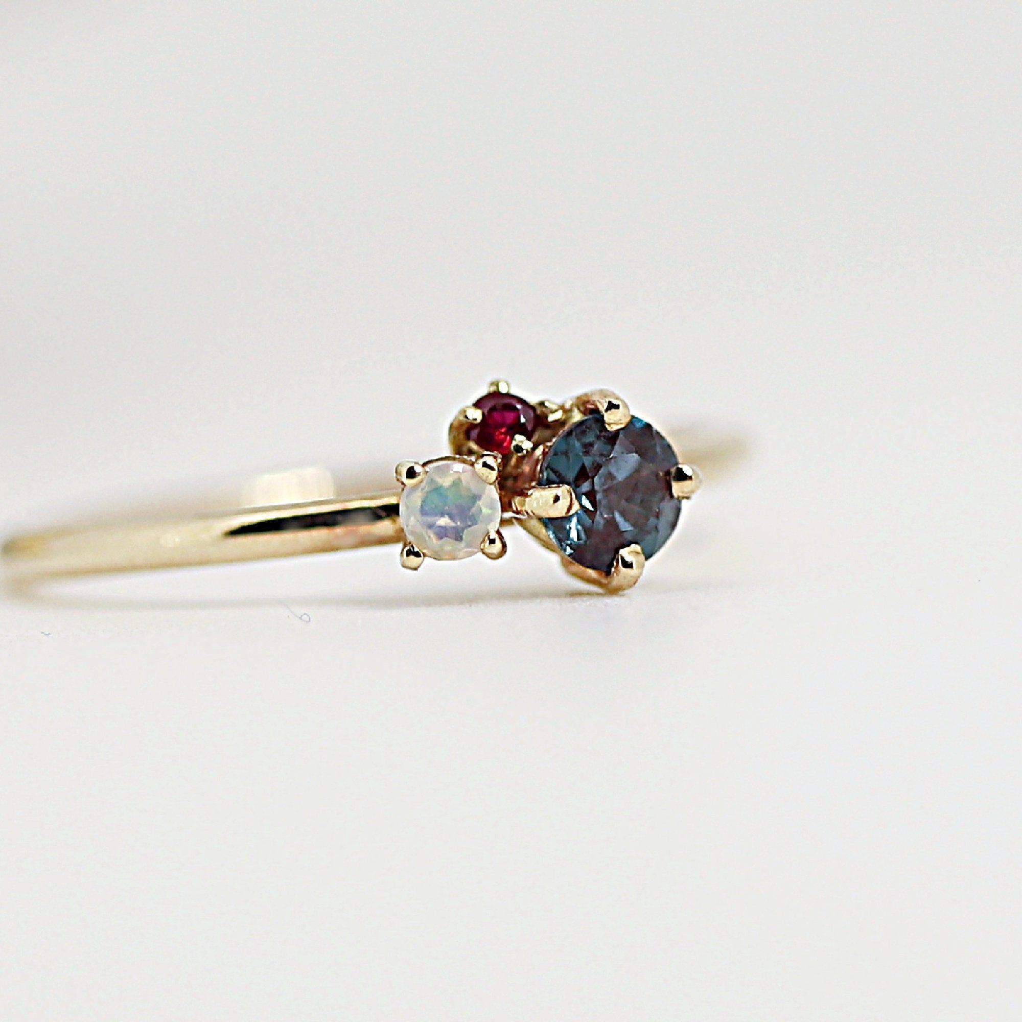 Dainty Cluster Ring, Gemstone Promise Ring with Alexandrite, Opal, Ruby