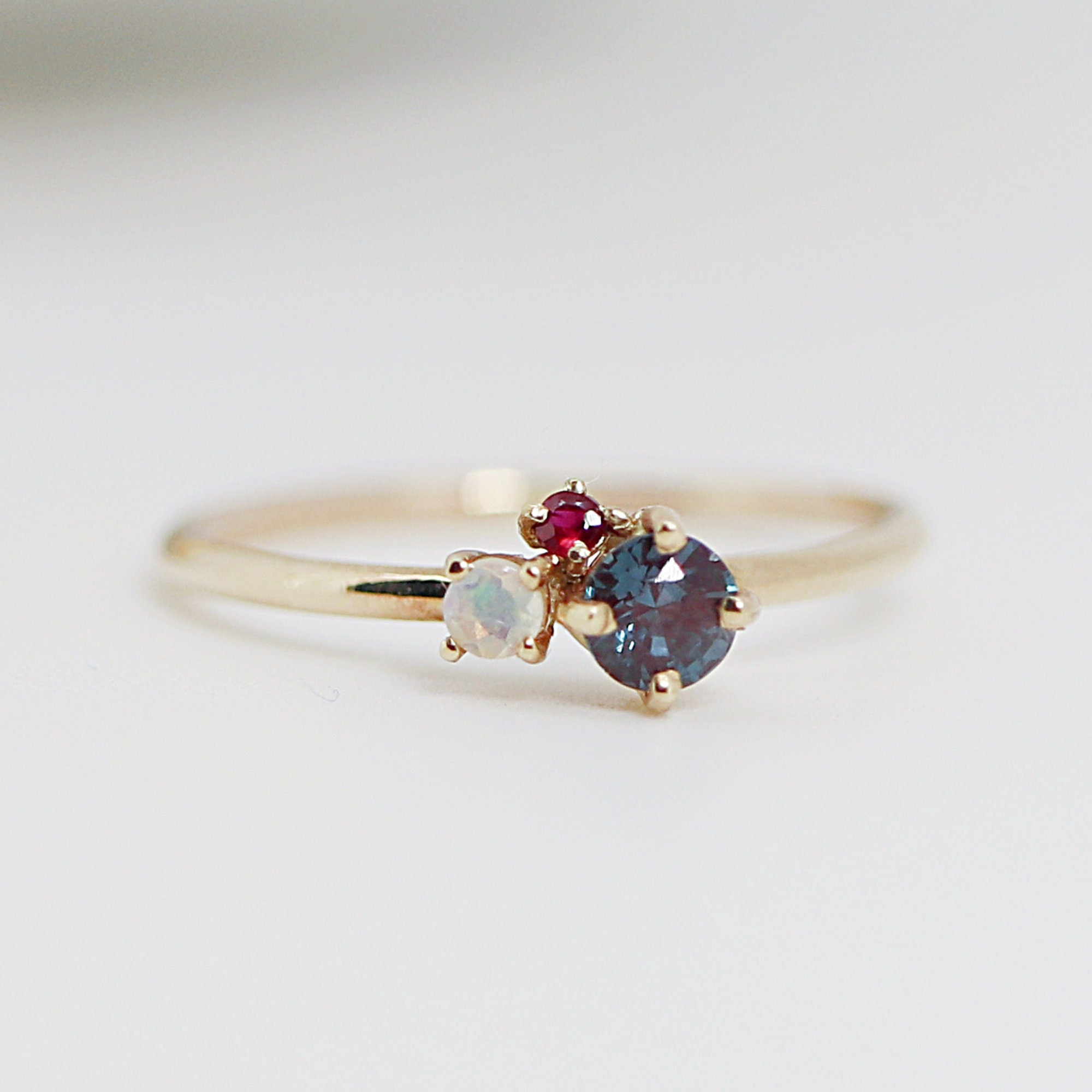 Dainty Cluster Ring, Gemstone Promise Ring with Alexandrite, Opal, Ruby