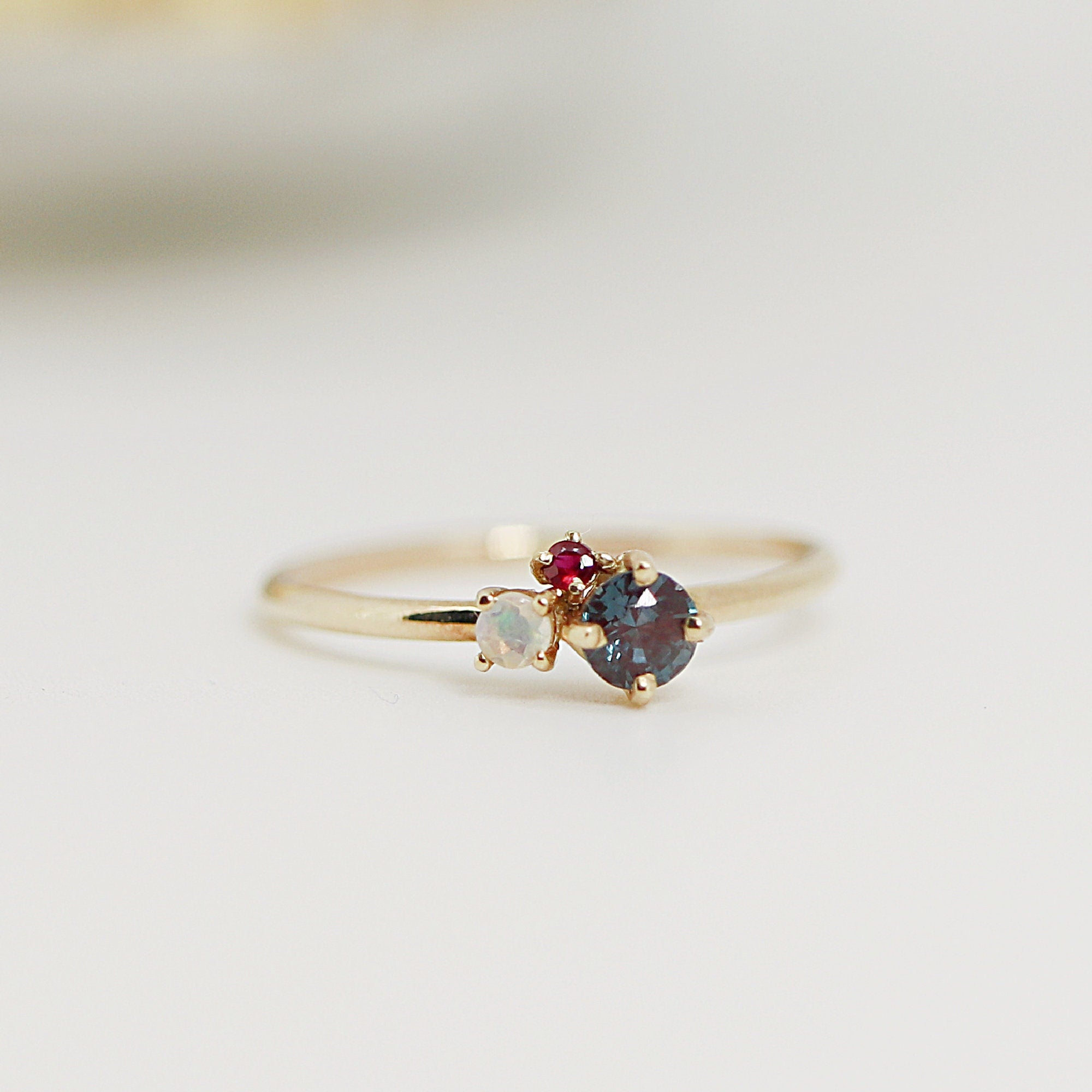Dainty Cluster Ring, Gemstone Promise Ring with Alexandrite, Opal, Ruby