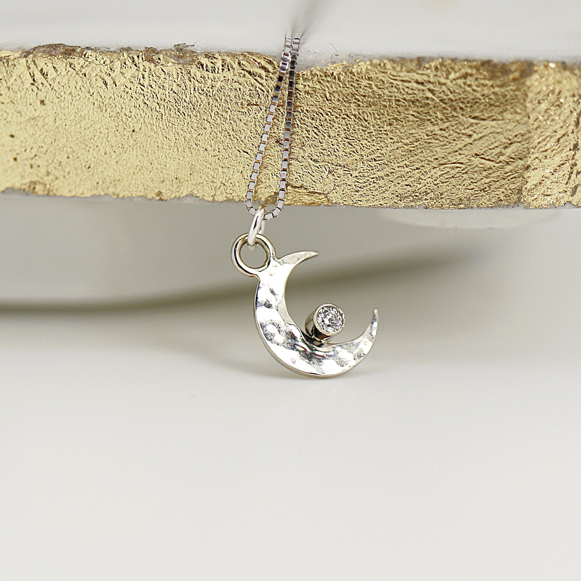 Moon with Diamond Necklace, 14k Solid Gold Moon Choker