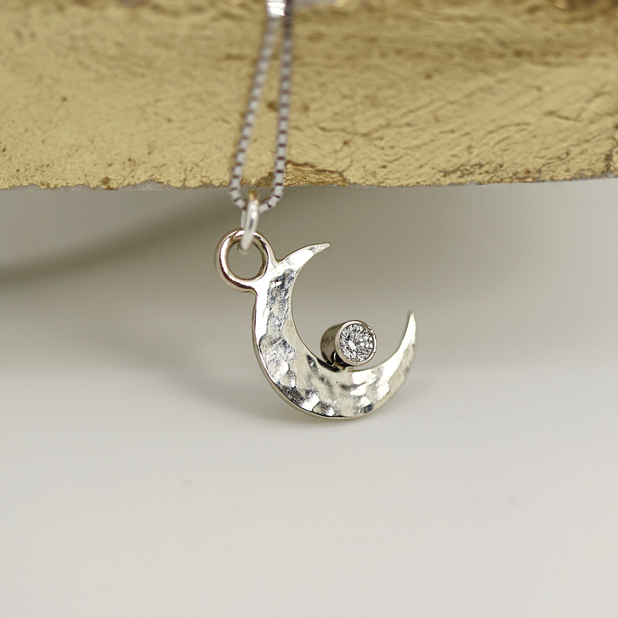 Moon with Diamond Necklace, 14k Solid Gold Moon Choker