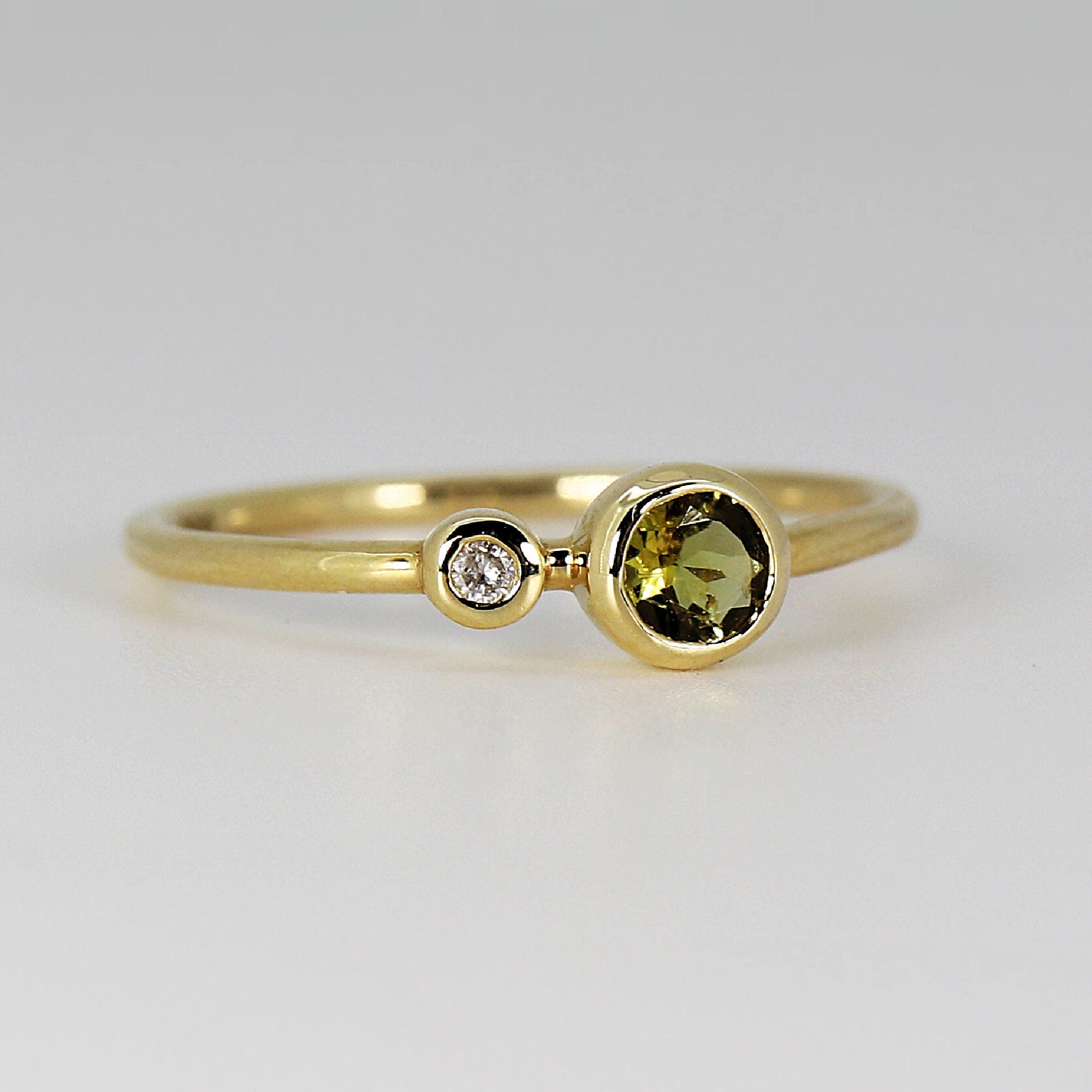Diamond & Green Tourmaline Ring 14k Gold, Two Birthstone Ring