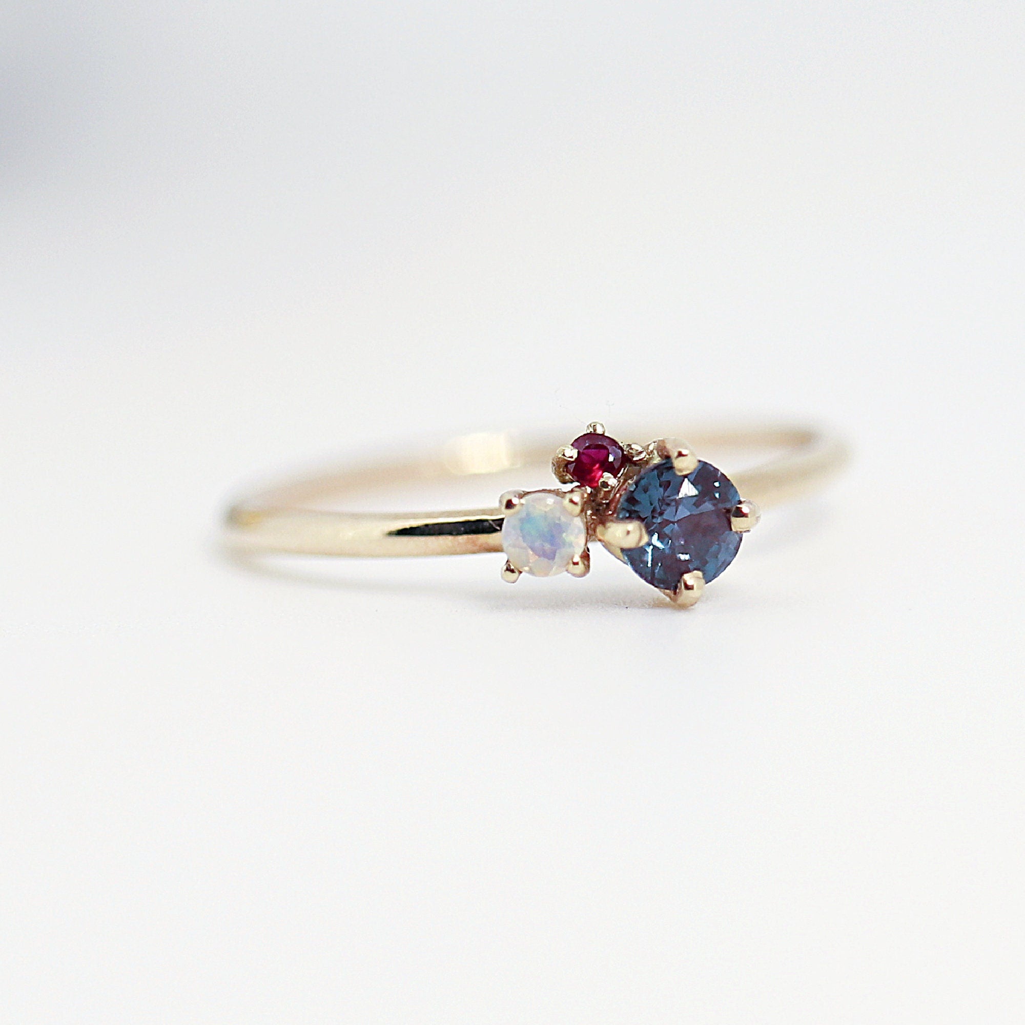 Dainty Cluster Ring, Gemstone Promise Ring with Alexandrite, Opal, Ruby