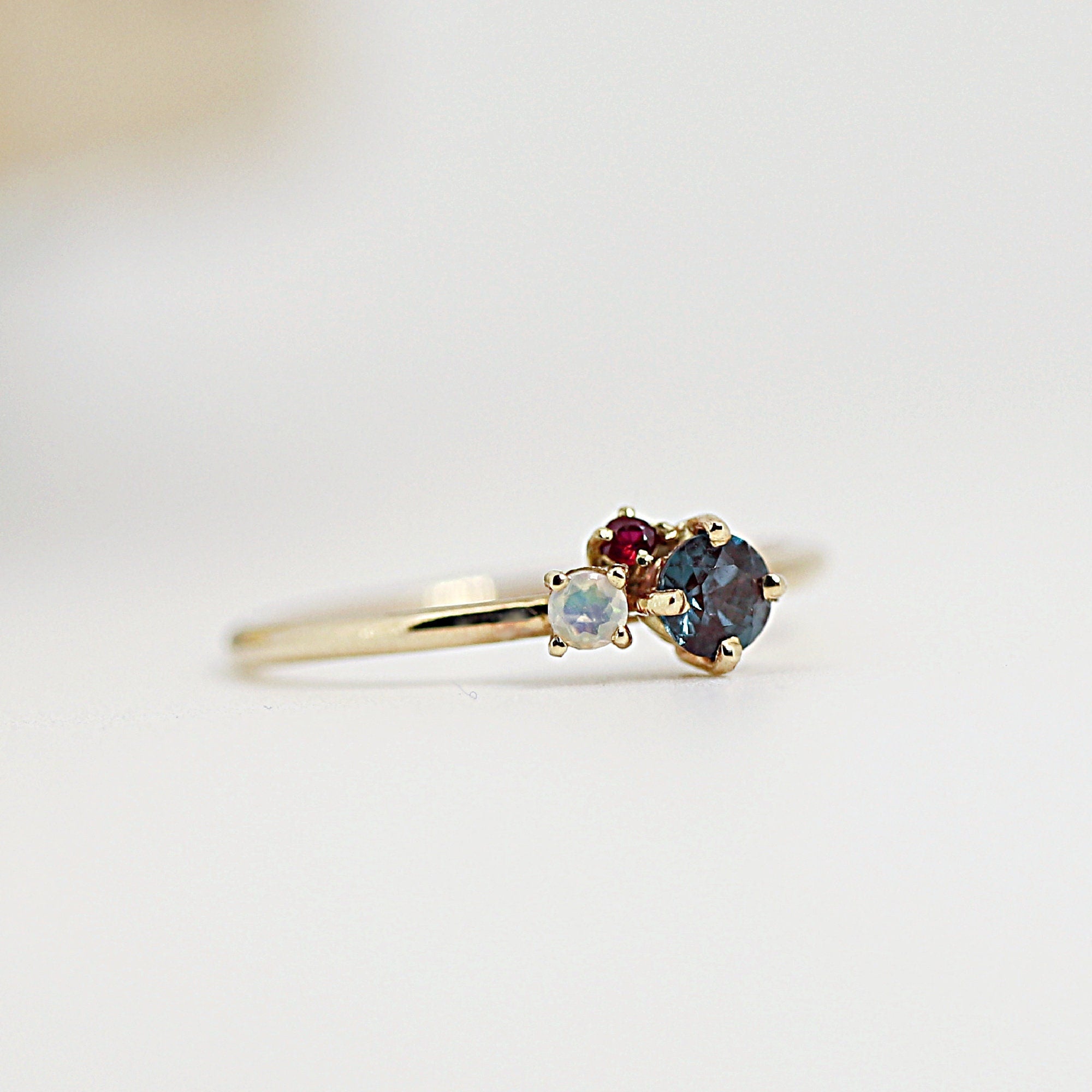 Dainty Cluster Ring, Gemstone Promise Ring with Alexandrite, Opal, Ruby