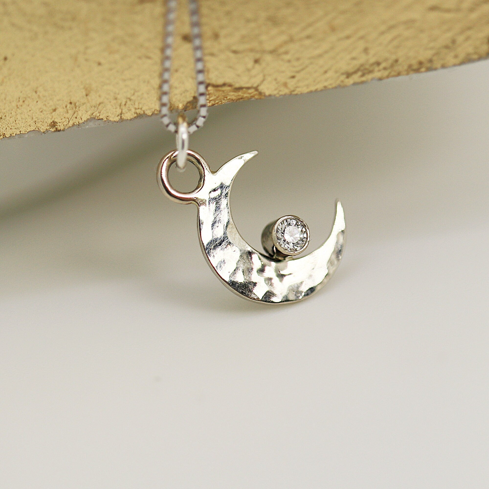 Moon with Diamond Necklace, 14k Solid Gold Moon Choker