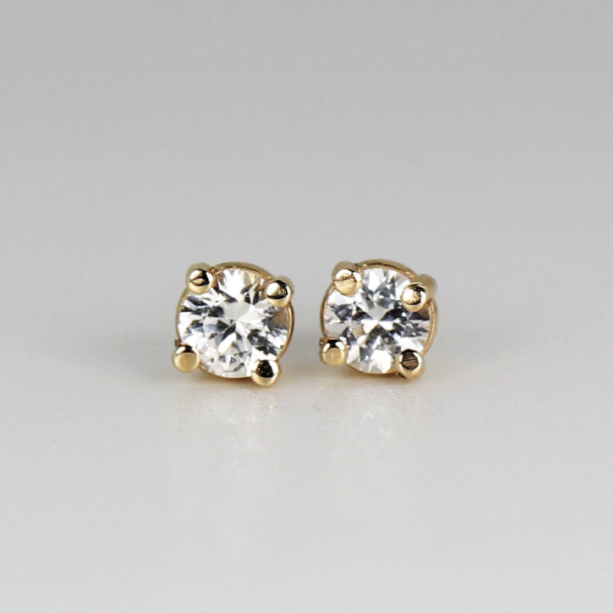 14k Gold White Sapphire Earrings, Minimalist Earrings, White Sapphire Bridal Earrings