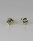 Round Aquamarine Bezel Earrings 14k Gold, Natural Aquamarine March Birthstone Studs - Melt'm Jewelry