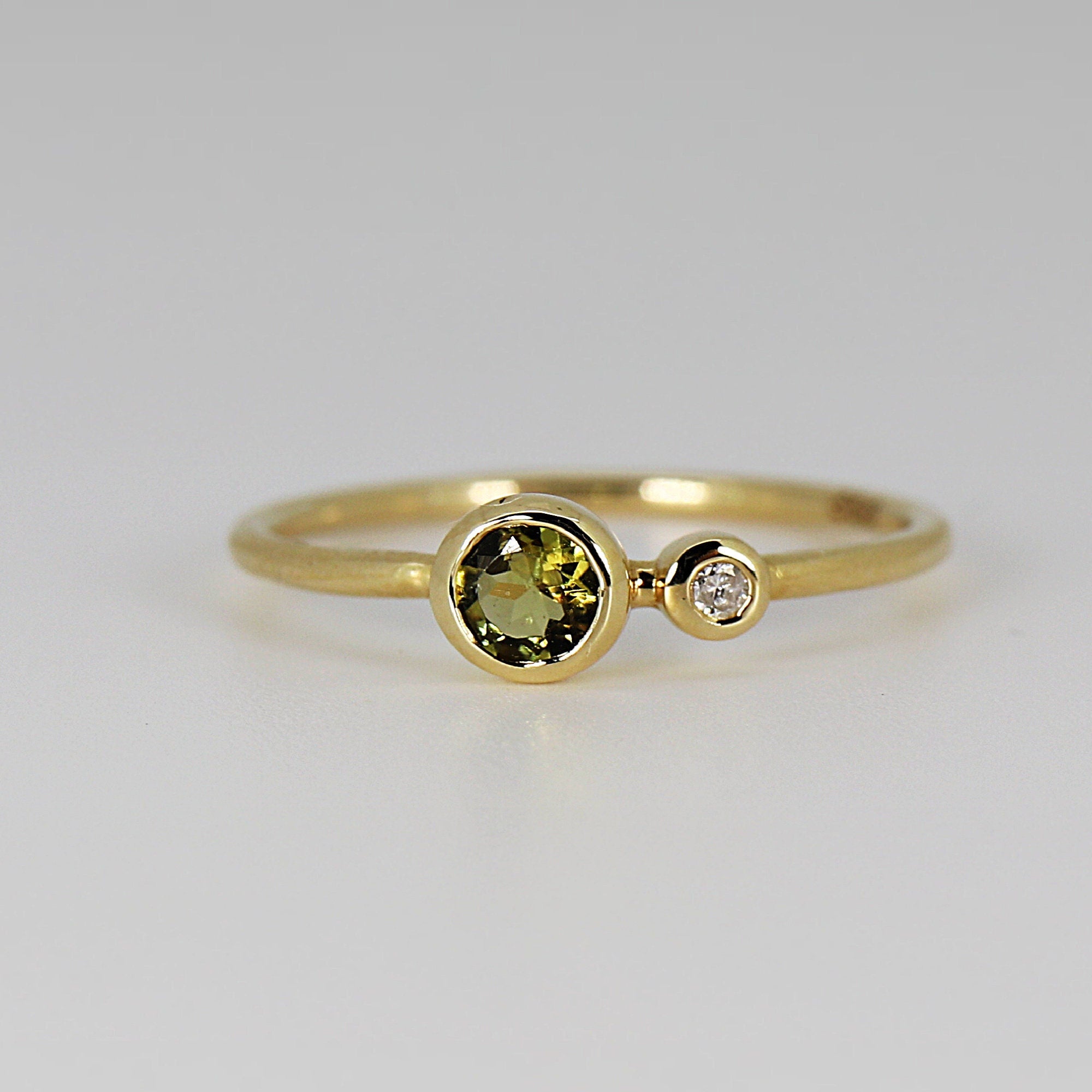 Diamond & Green Tourmaline Ring 14k Gold, Two Birthstone Ring