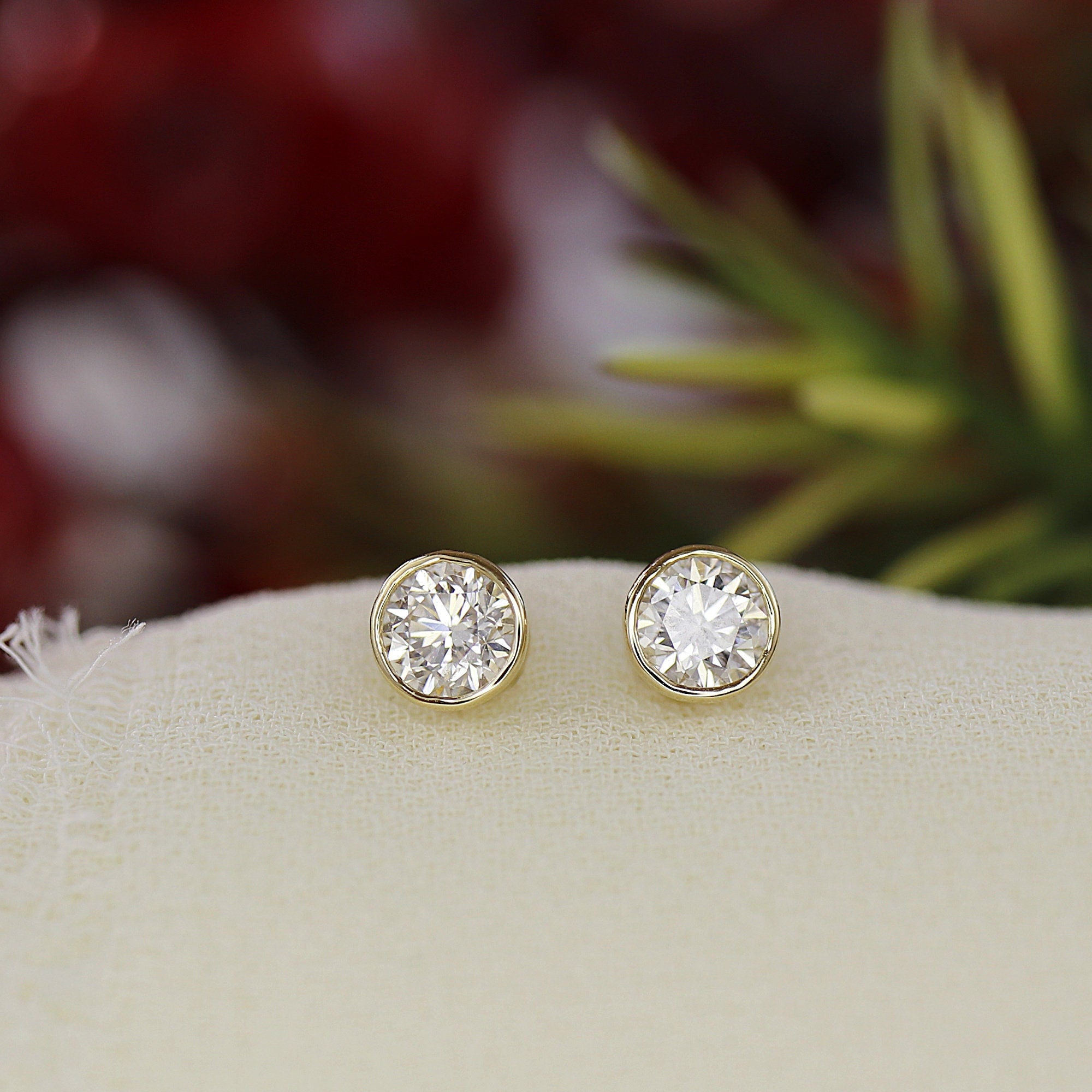 0.50 Ct Natural Diamond Bezel Set Stud Earrings 14K Solid Gold
