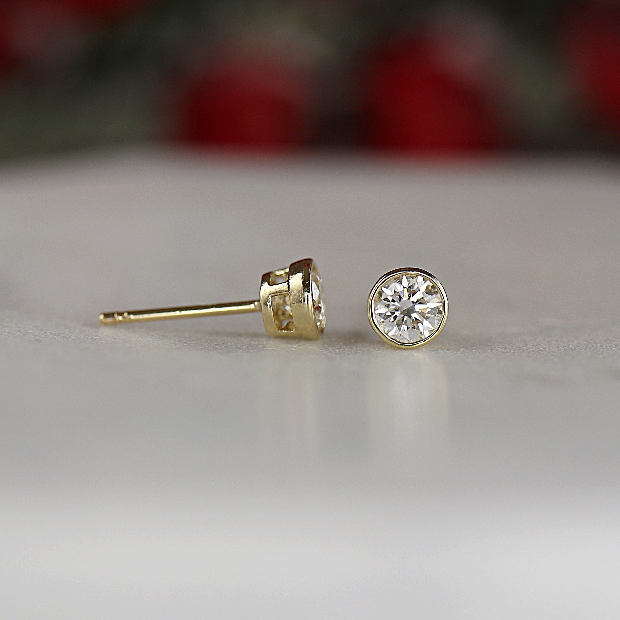 0.50 Ct Natural Diamond Bezel Set Stud Earrings 14K Solid Gold
