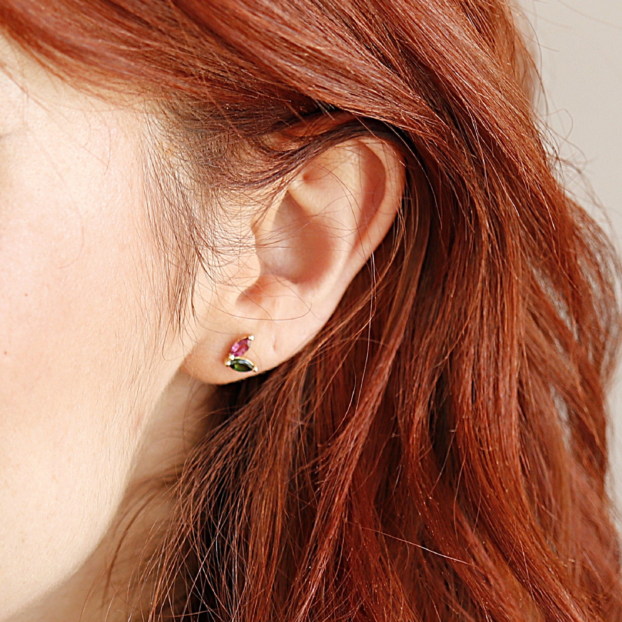 Pink Tourmaline & Green Tourmaline Earrings 14k Solid Gold