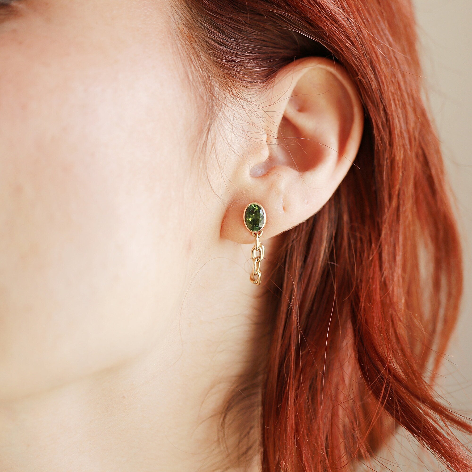 14k Solid Gold Green Tourmaline Chain Earrings