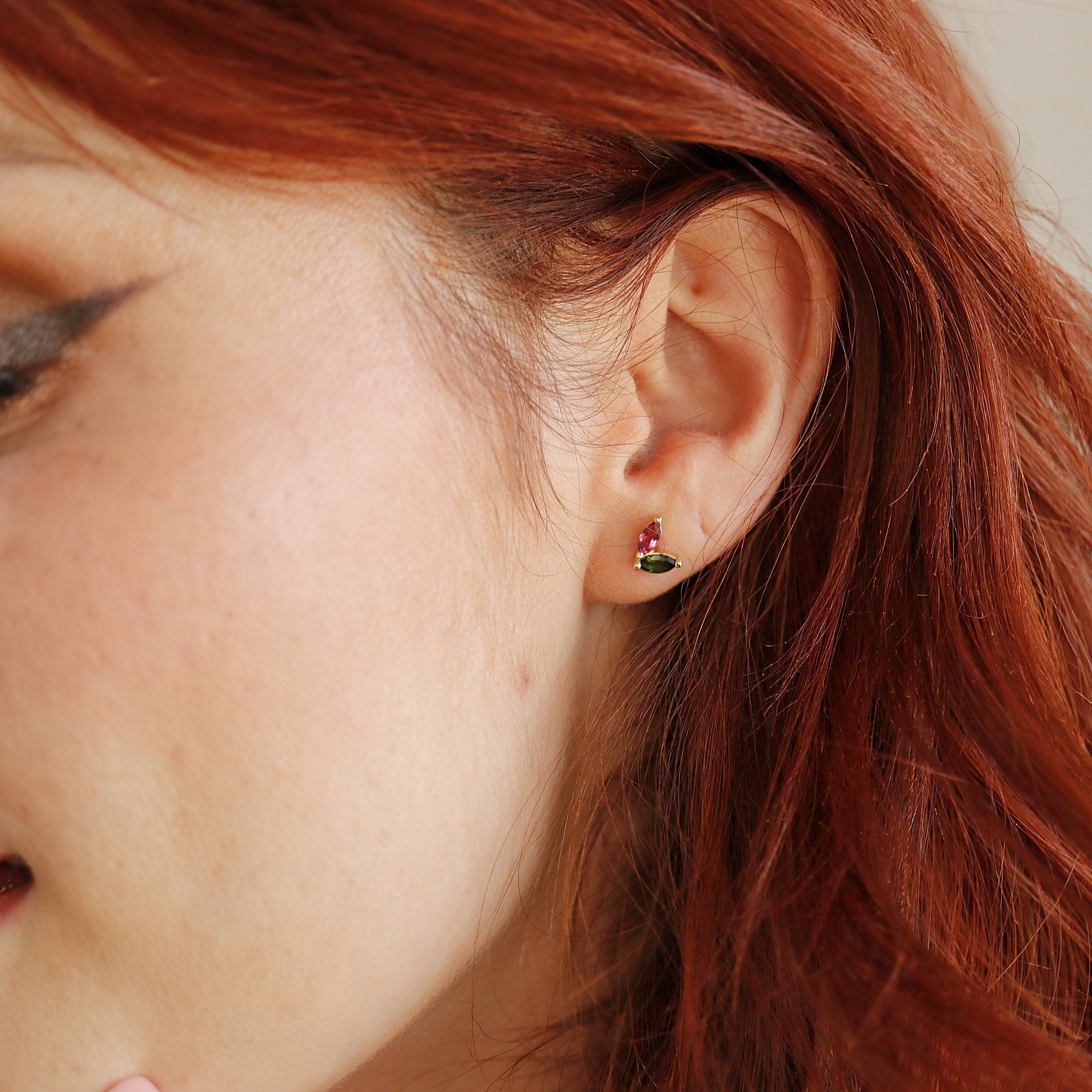 Pink Tourmaline & Green Tourmaline Earrings 14k Solid Gold