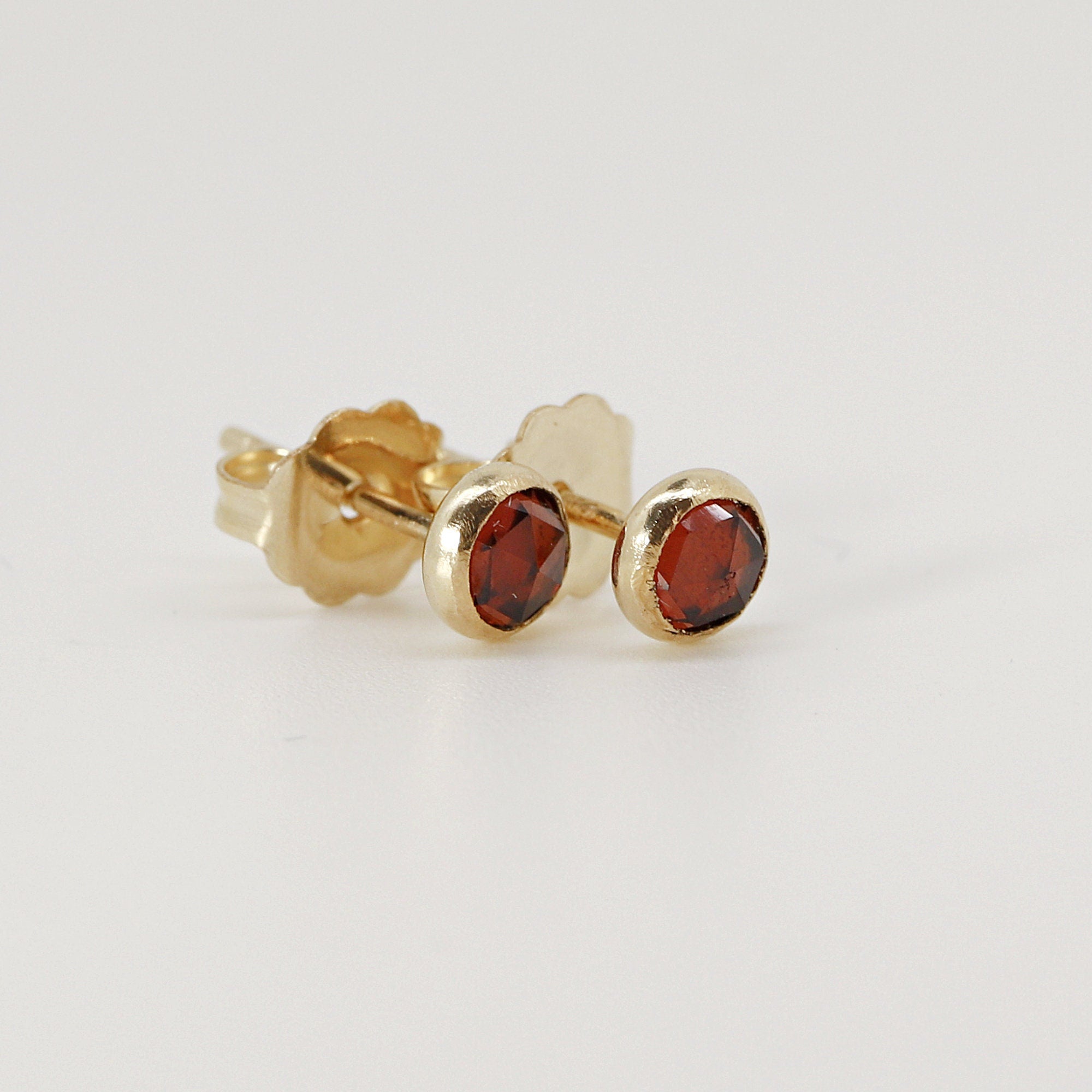 Round Rose Cut Genuine Garnet Stud Earrings