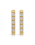 A pair of gold earrings with a row of small diamonds on each earring.