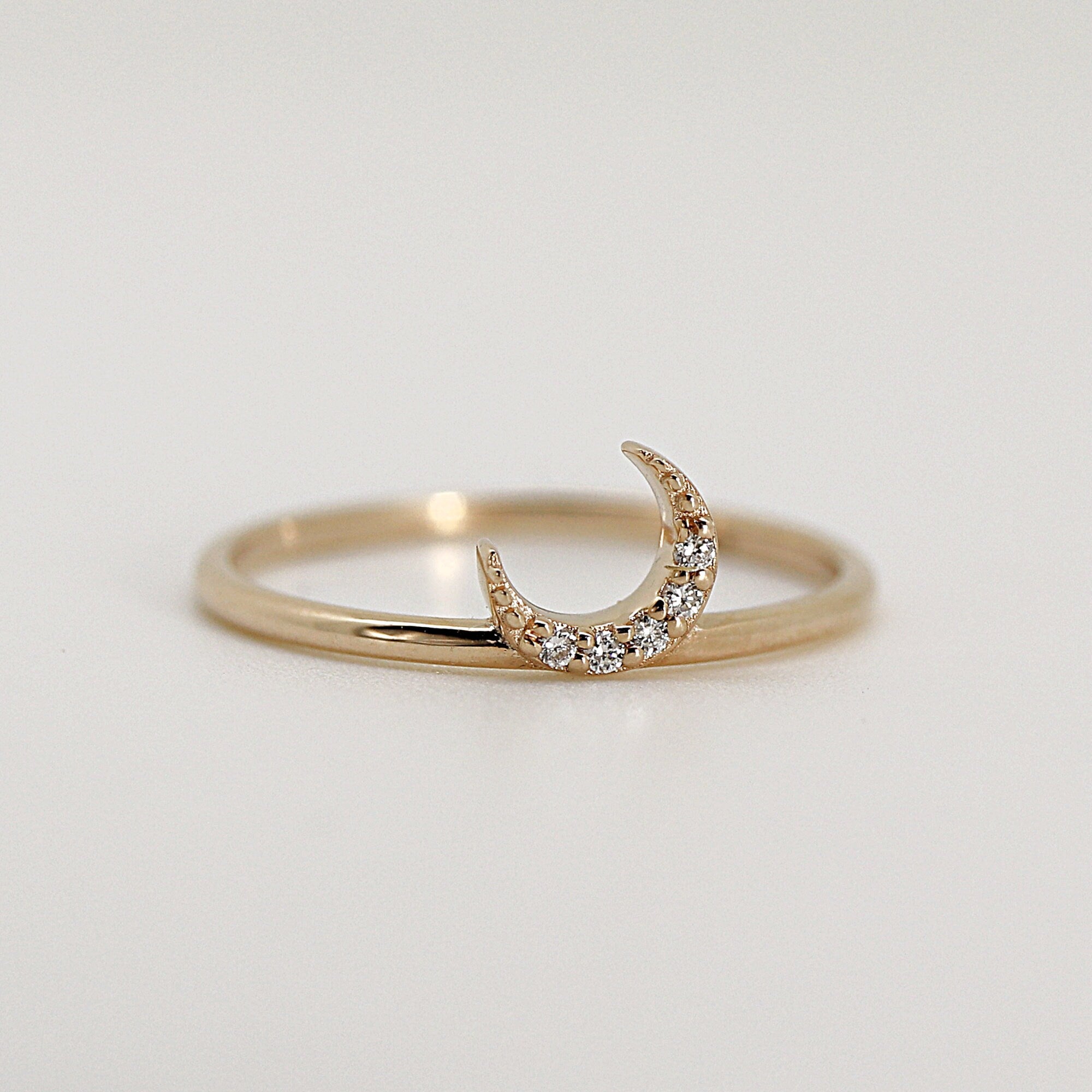 Genuine Diamond Crescent Moon Ring, Moon Ring in 14k Gold
