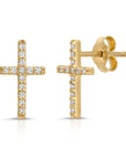 A pair of gold cross earrings with small clear diamond stones set around the edges.