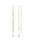 A pair of long, gold chain earrings with small, clear diamonds. The earrings have a delicate, minimalist design.