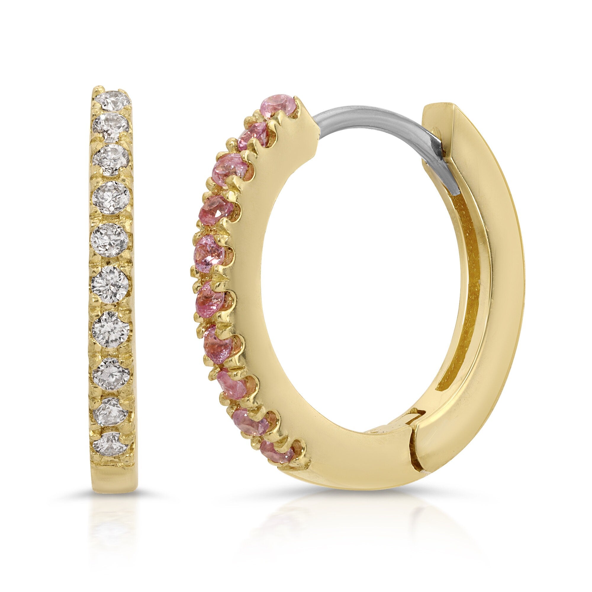 14k Solid Gold Diamond or Pink Sapphire Huggie Hoop Earrings