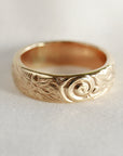 Floral Wedding Band Solid 14k Gold, Thick Wedding Ring