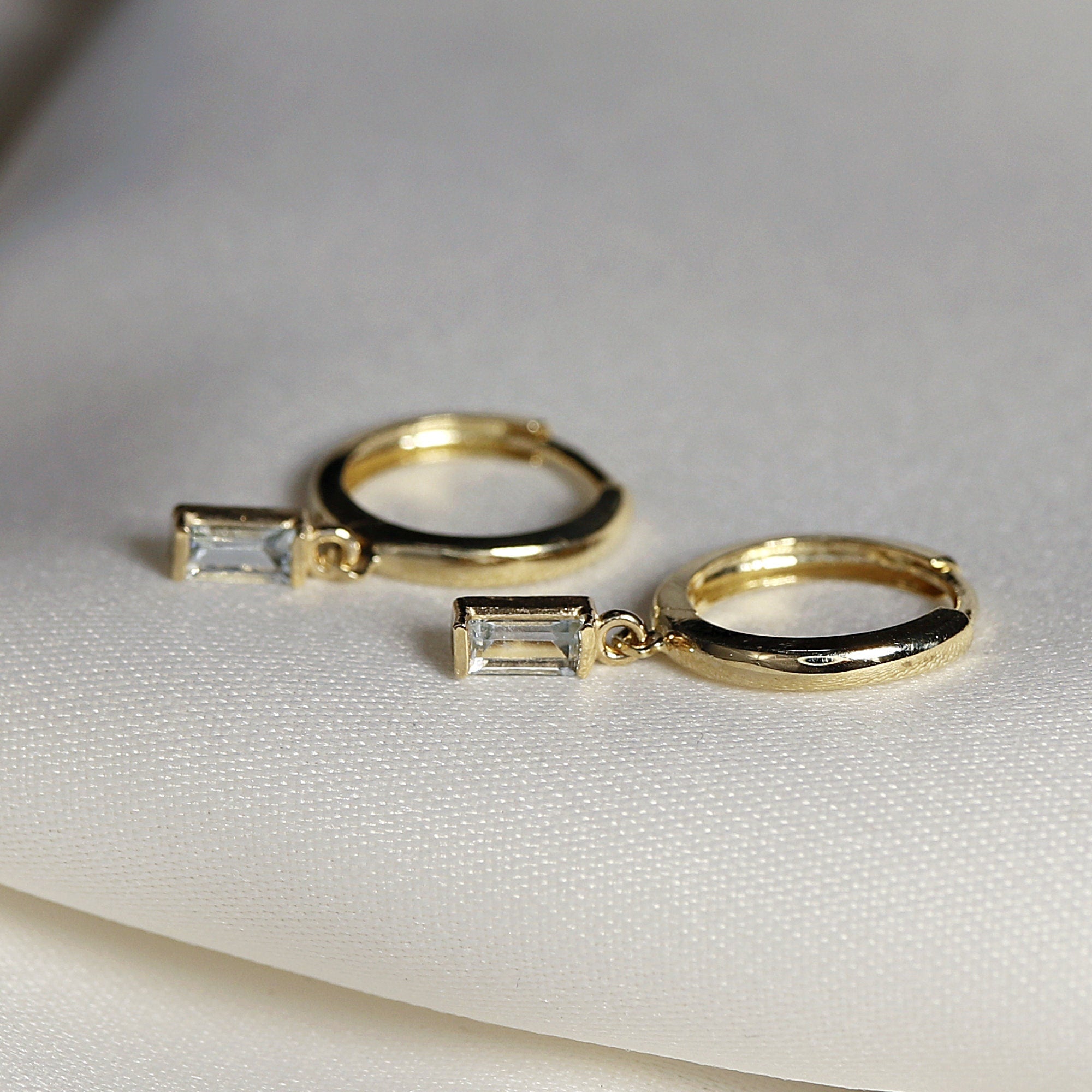 Baguette Cut Aquamarine Earrings 14k Solid Gold