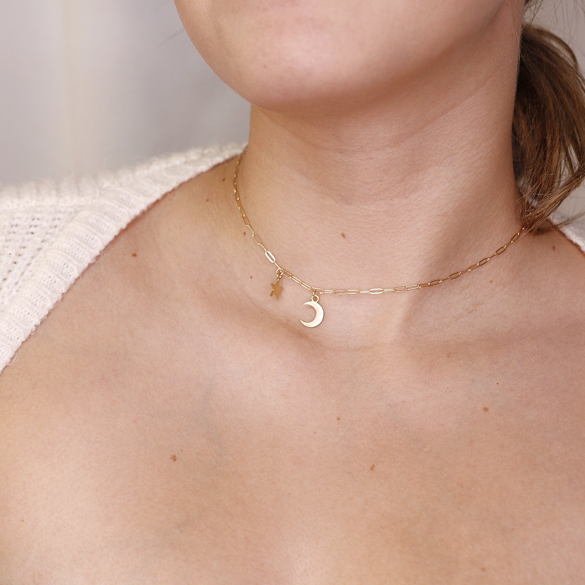 Moon and Star Necklace 14k Solid Gold