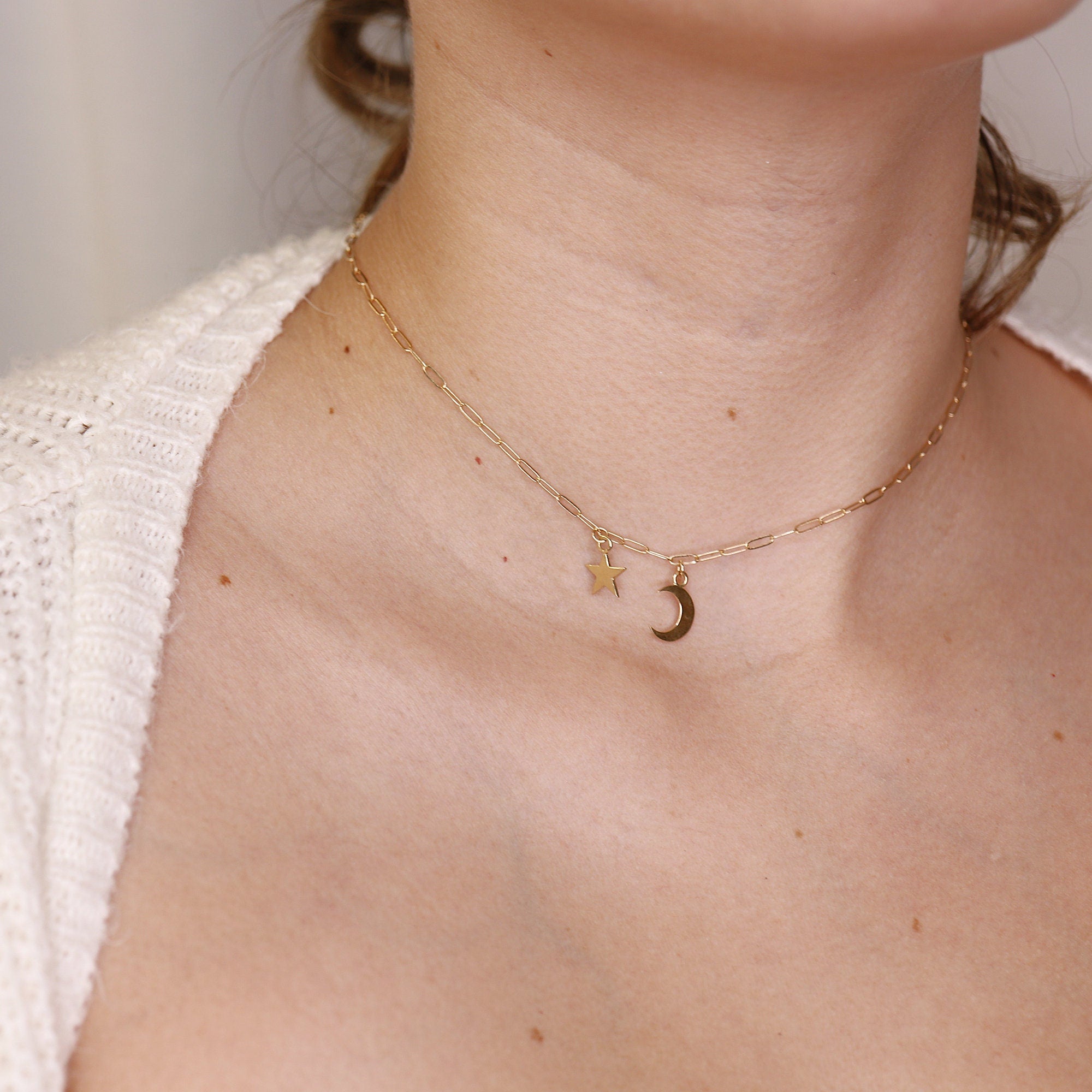 Moon and Star Necklace 14k Solid Gold