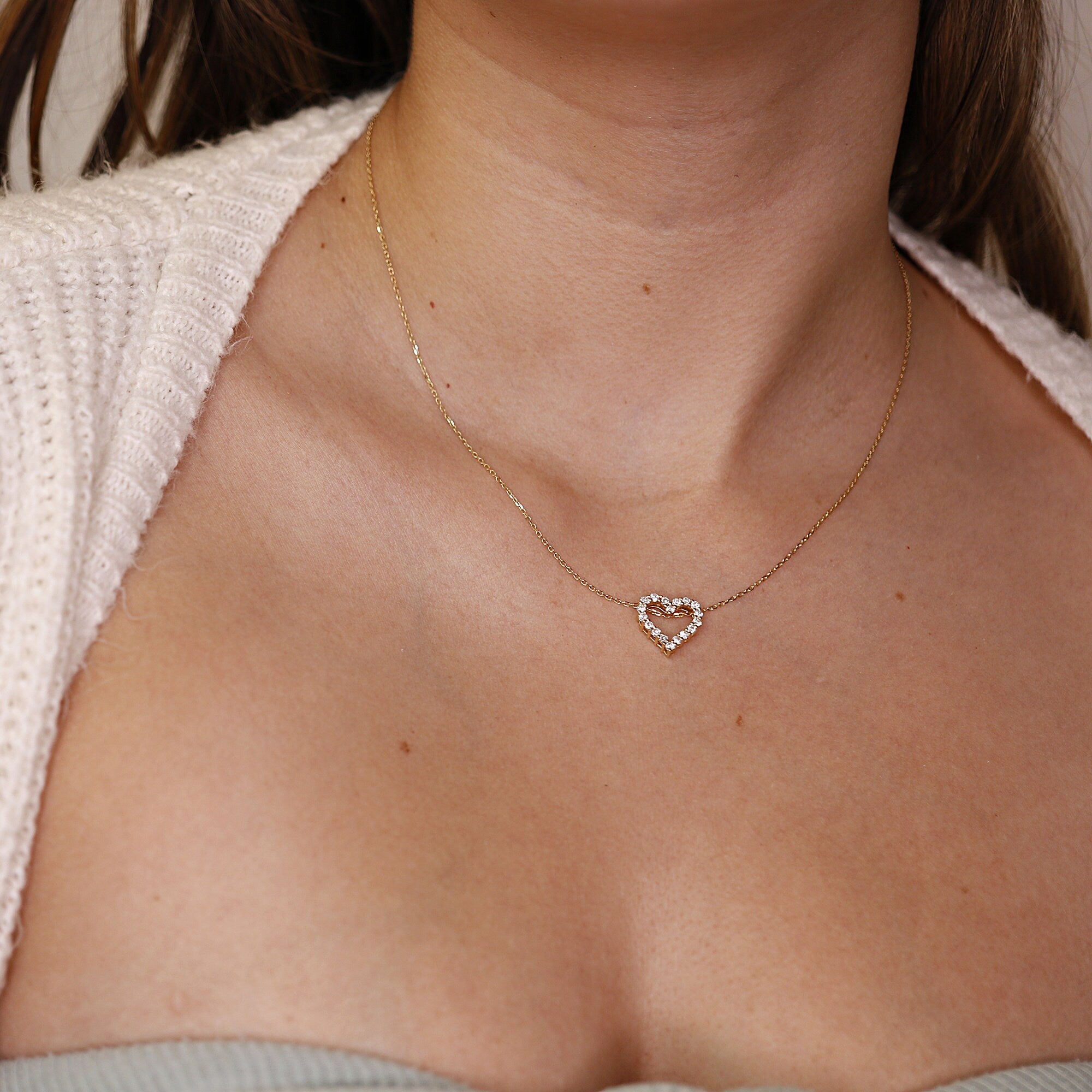 14k Gold Natural Diamond Sliding Open Heart Necklace