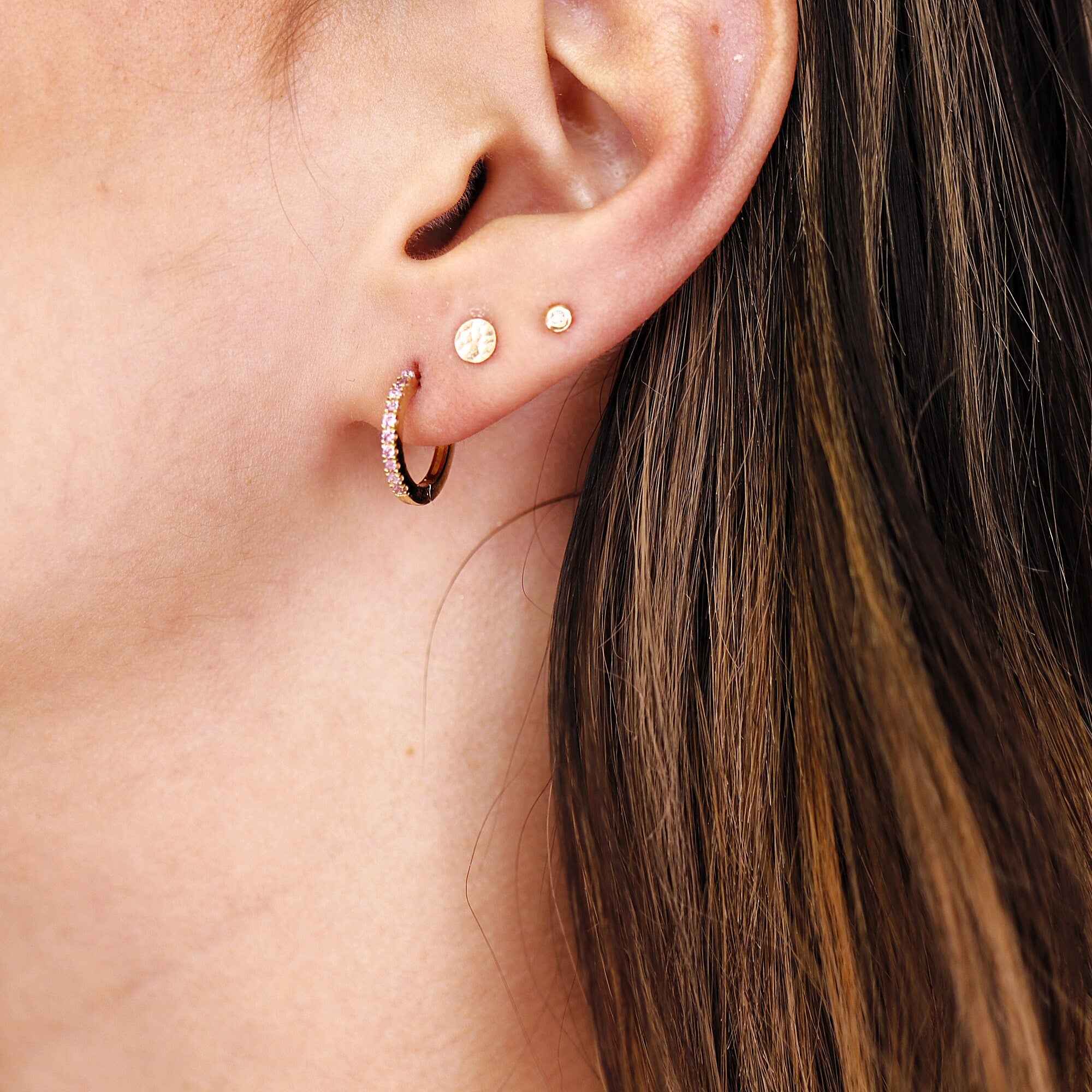 14k Solid Gold Diamond or Pink Sapphire Huggie Hoop Earrings