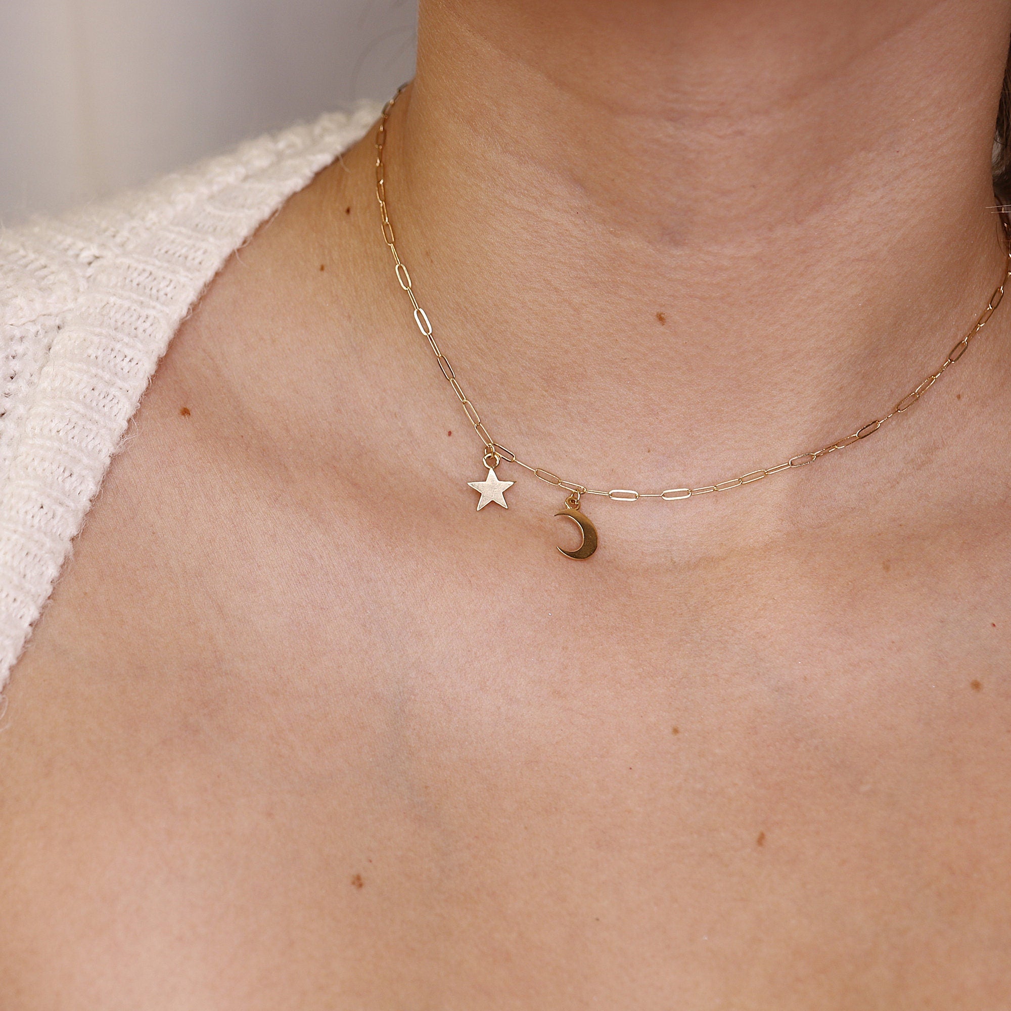 Moon and Star Necklace 14k Solid Gold