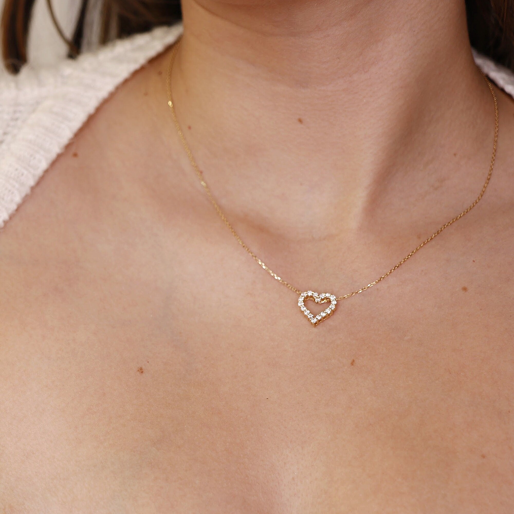 14k Gold Natural Diamond Sliding Open Heart Necklace