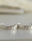 Round Open Hoop Earrings, Patterned Sterling Silver Earrings