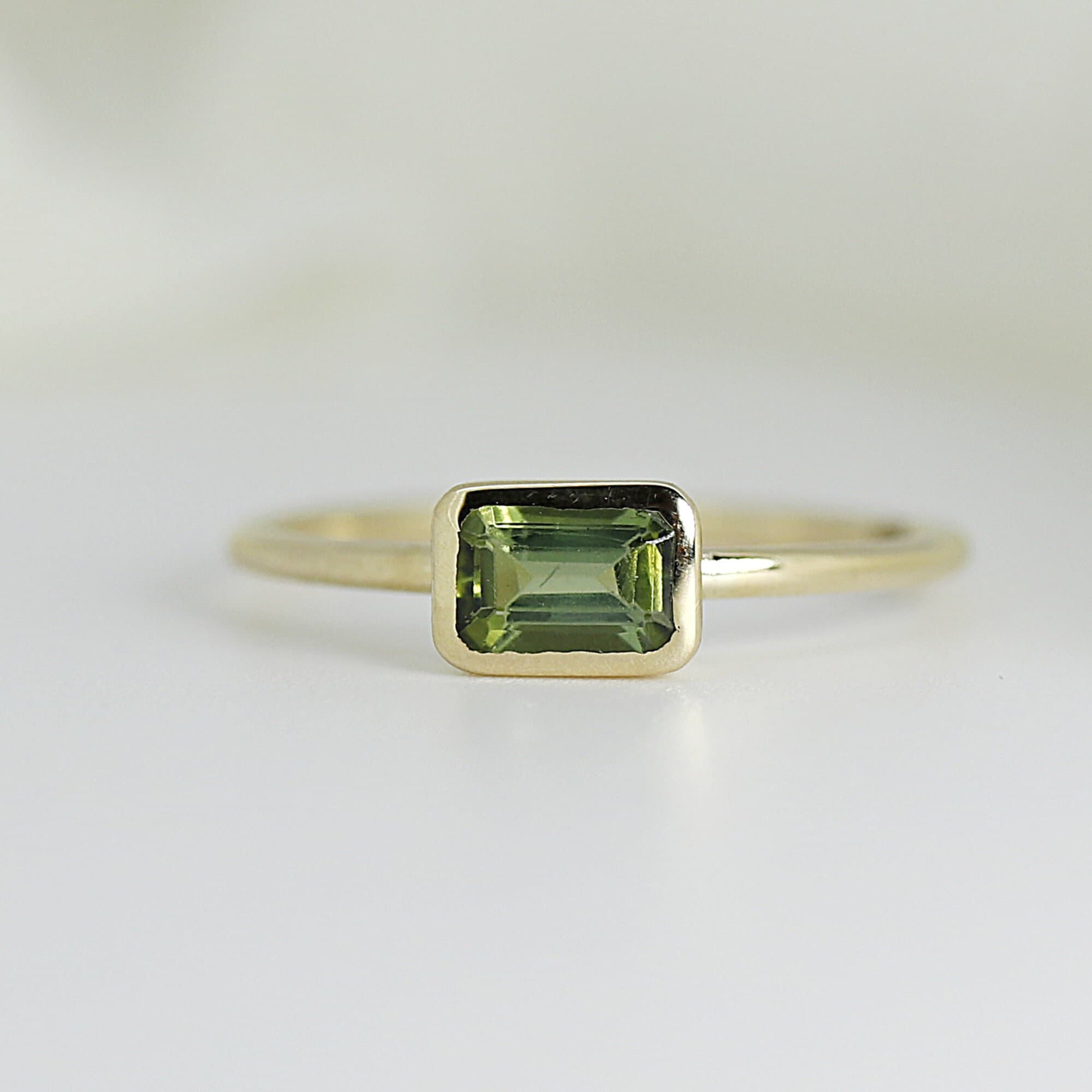 Bezel Set Green Tourmaline Ring, Emerald Cut Tourmaline Ring