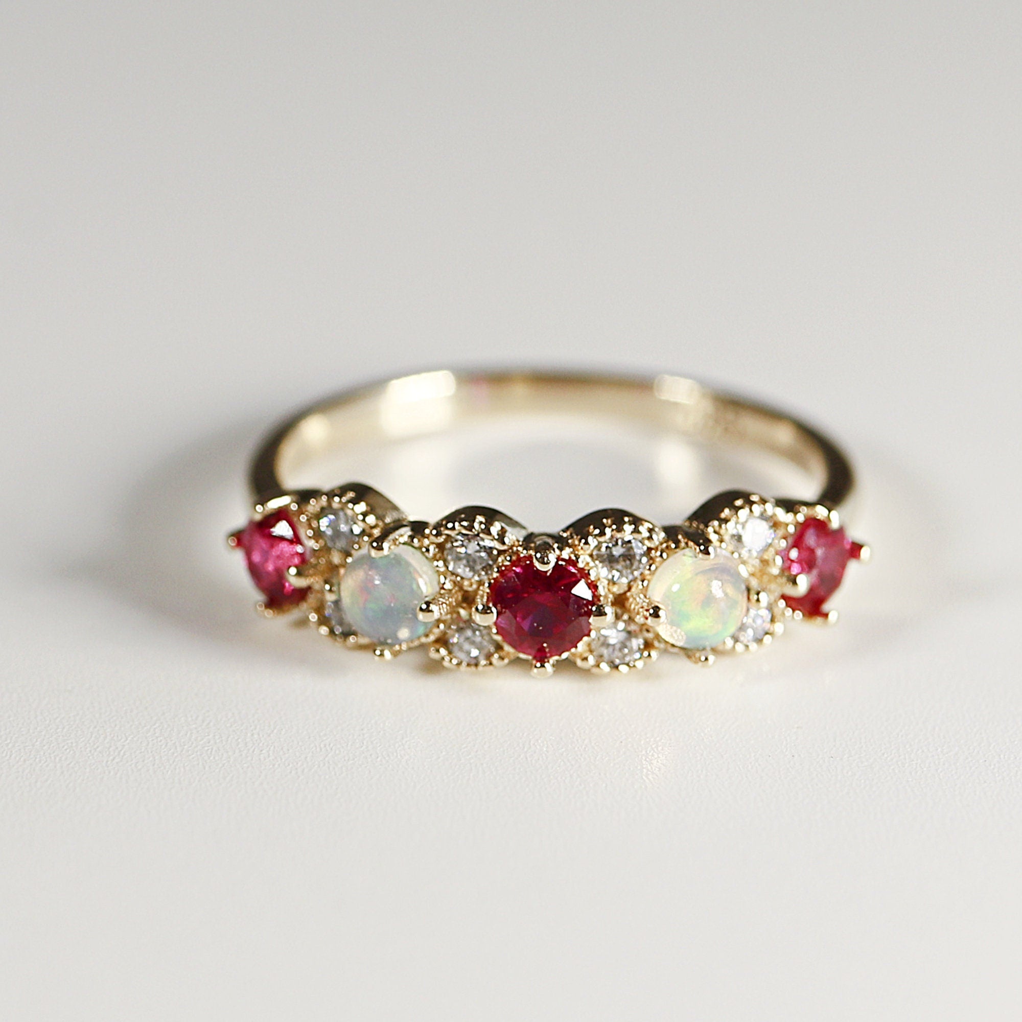 Gemstones Opal And Ruby Mothers Ring Handmade Pink Opal, Mother Of
