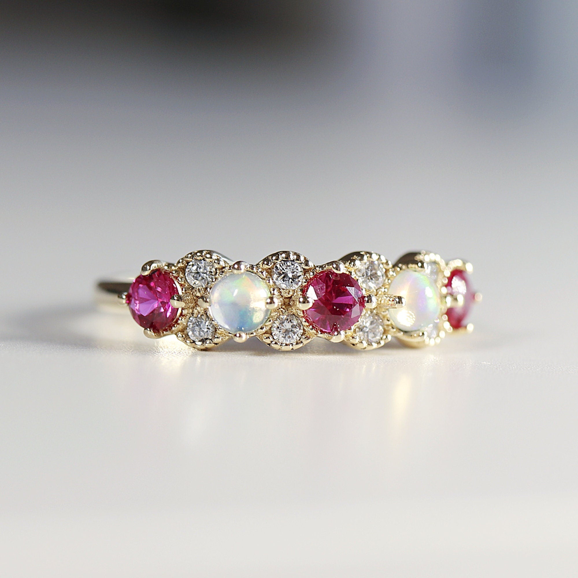 Opal, Ruby and Diamond Half Eternity Ring