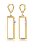 A pair of gold dangle earrings with a rectangular frame and a small diamond accent. The earrings have a teardrop-shaped top.