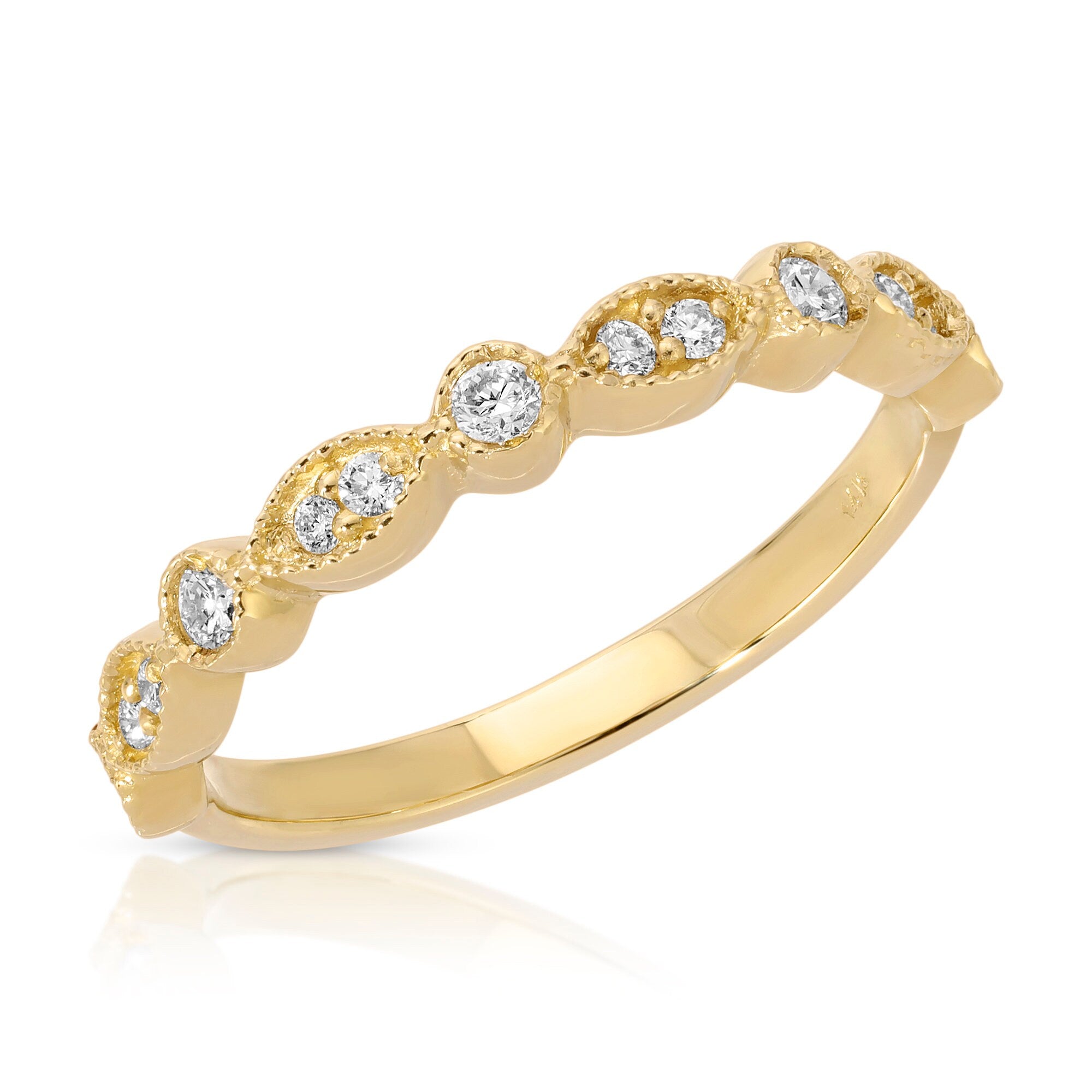 Art Deco Wedding Band 14k Solid Gold, Milgrain Diamond Wedding Ring