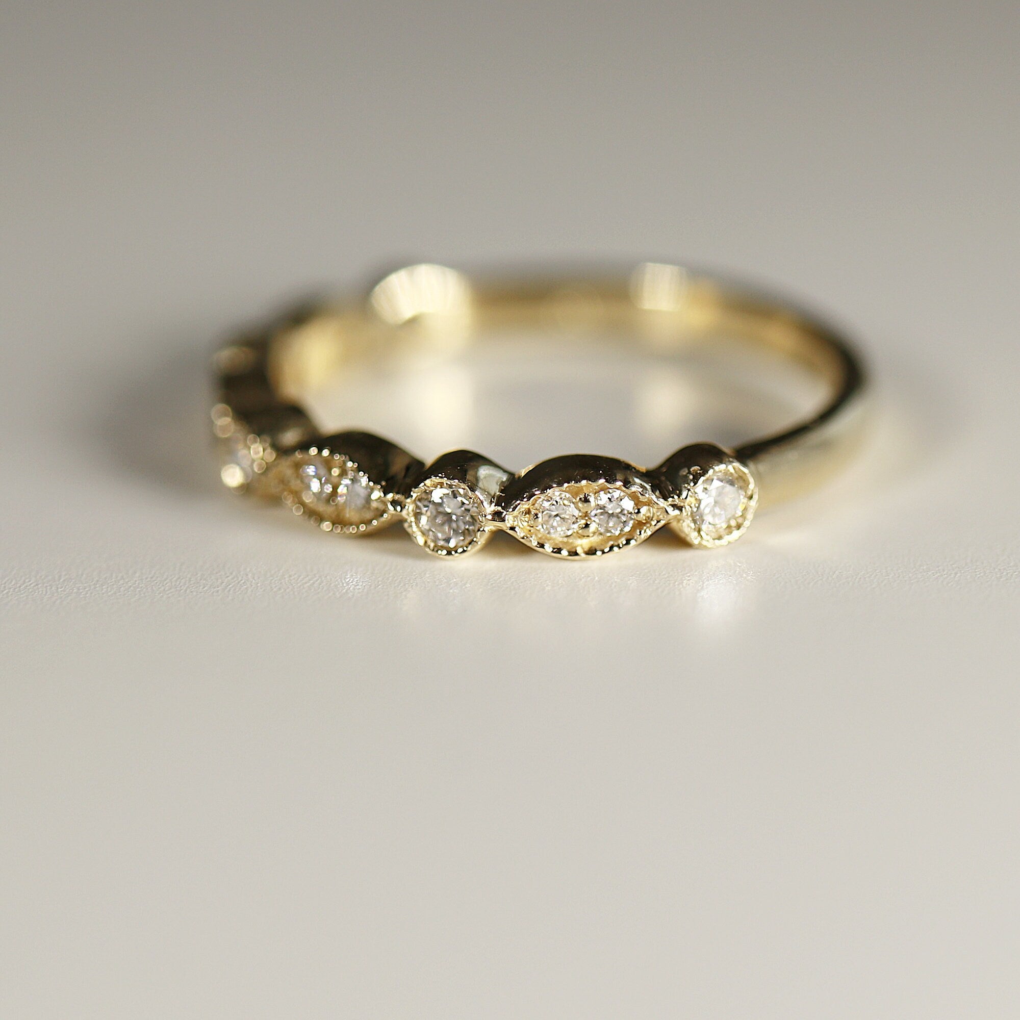 Art Deco Wedding Band 14k Solid Gold, Milgrain Diamond Wedding Ring