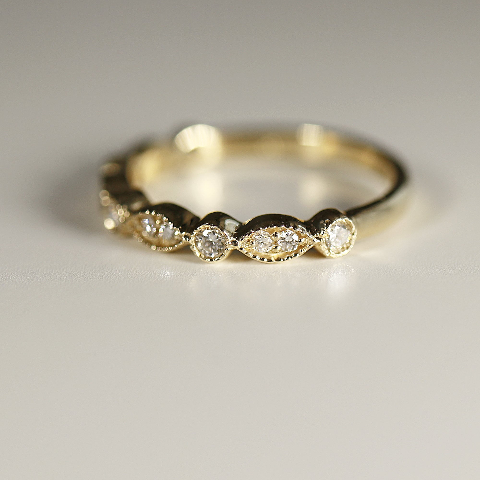 Art Deco Wedding Band 14k Solid Gold, Milgrain Diamond Wedding Ring