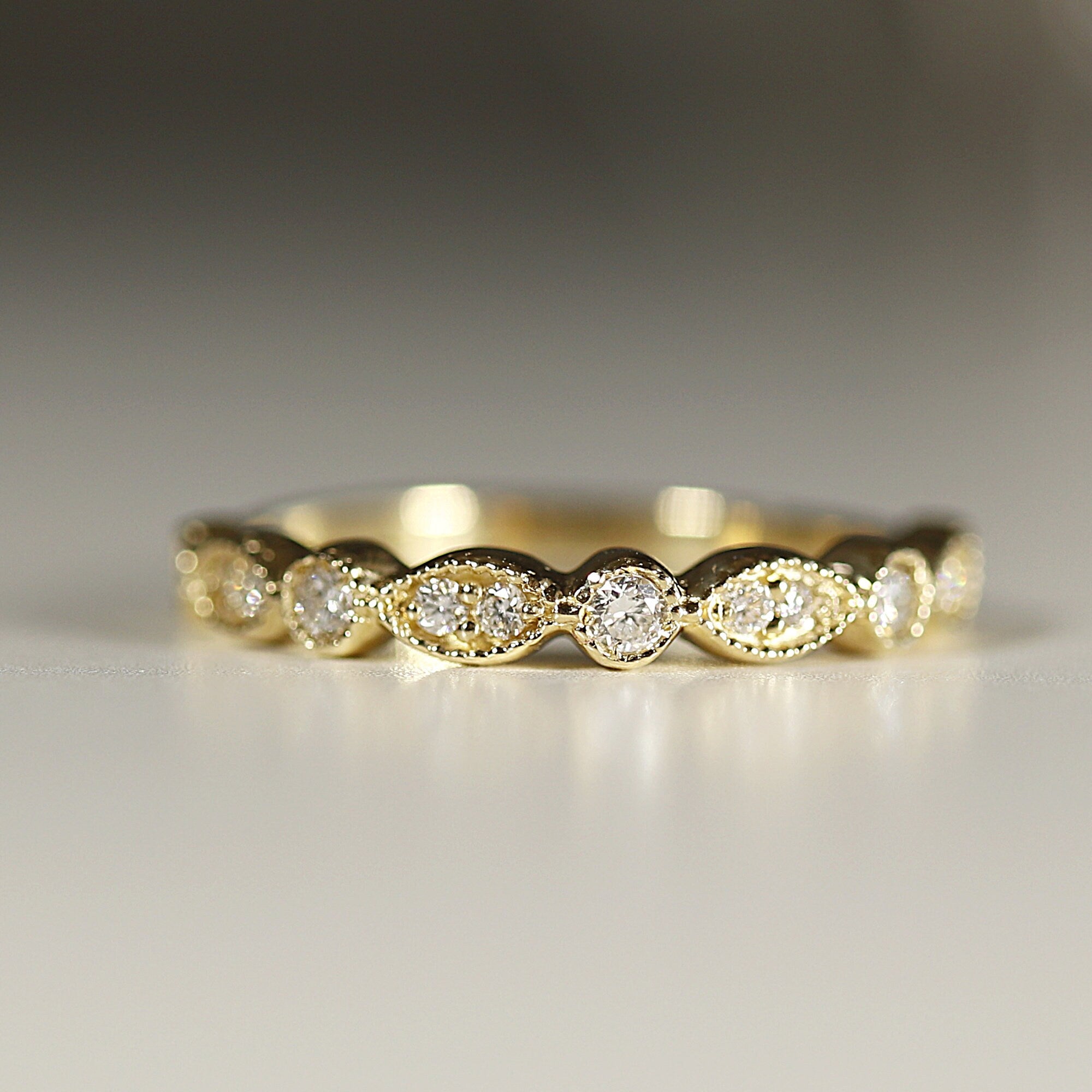 Art Deco Wedding Band 14k Solid Gold, Milgrain Diamond Wedding Ring