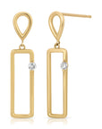 A pair of gold dangle earrings with a small diamond in each rectangle. The earrings have a teardrop shape at the top.