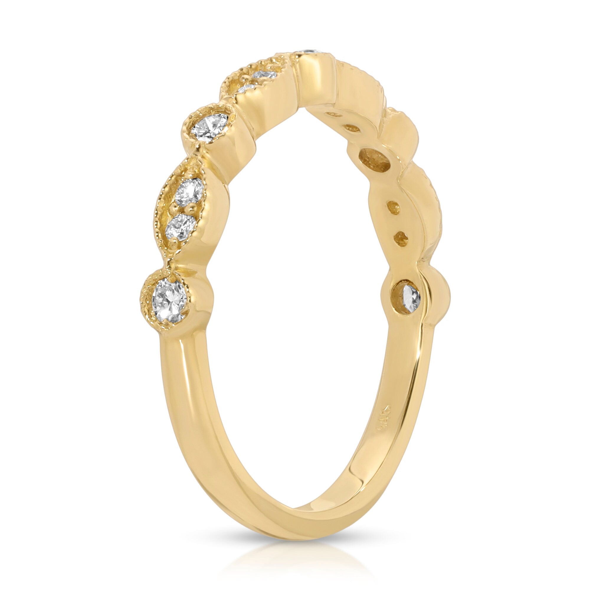 Art Deco Wedding Band 14k Solid Gold, Milgrain Diamond Wedding Ring